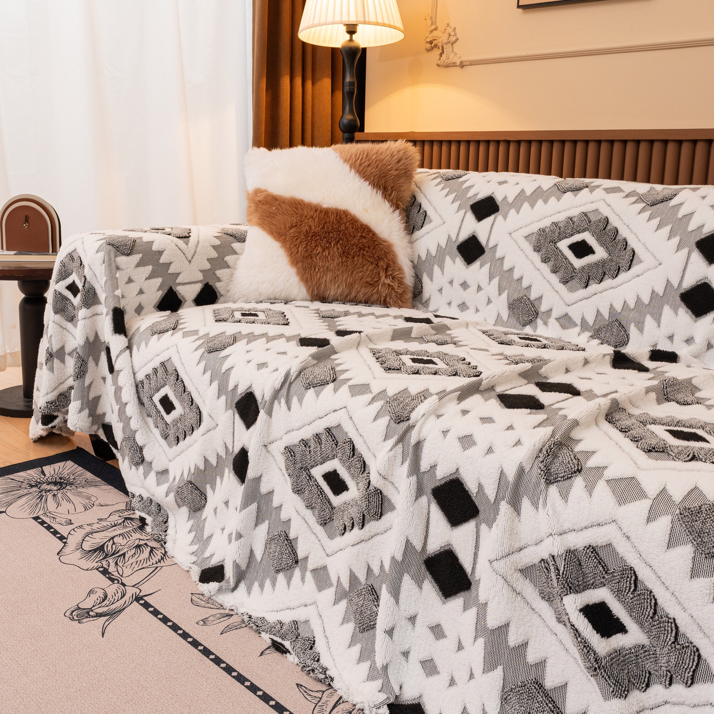 Bohemian Tufted Sofa Cover, Soft Sherpa Fleece Throw Blanket With 3d Aztec Geometric