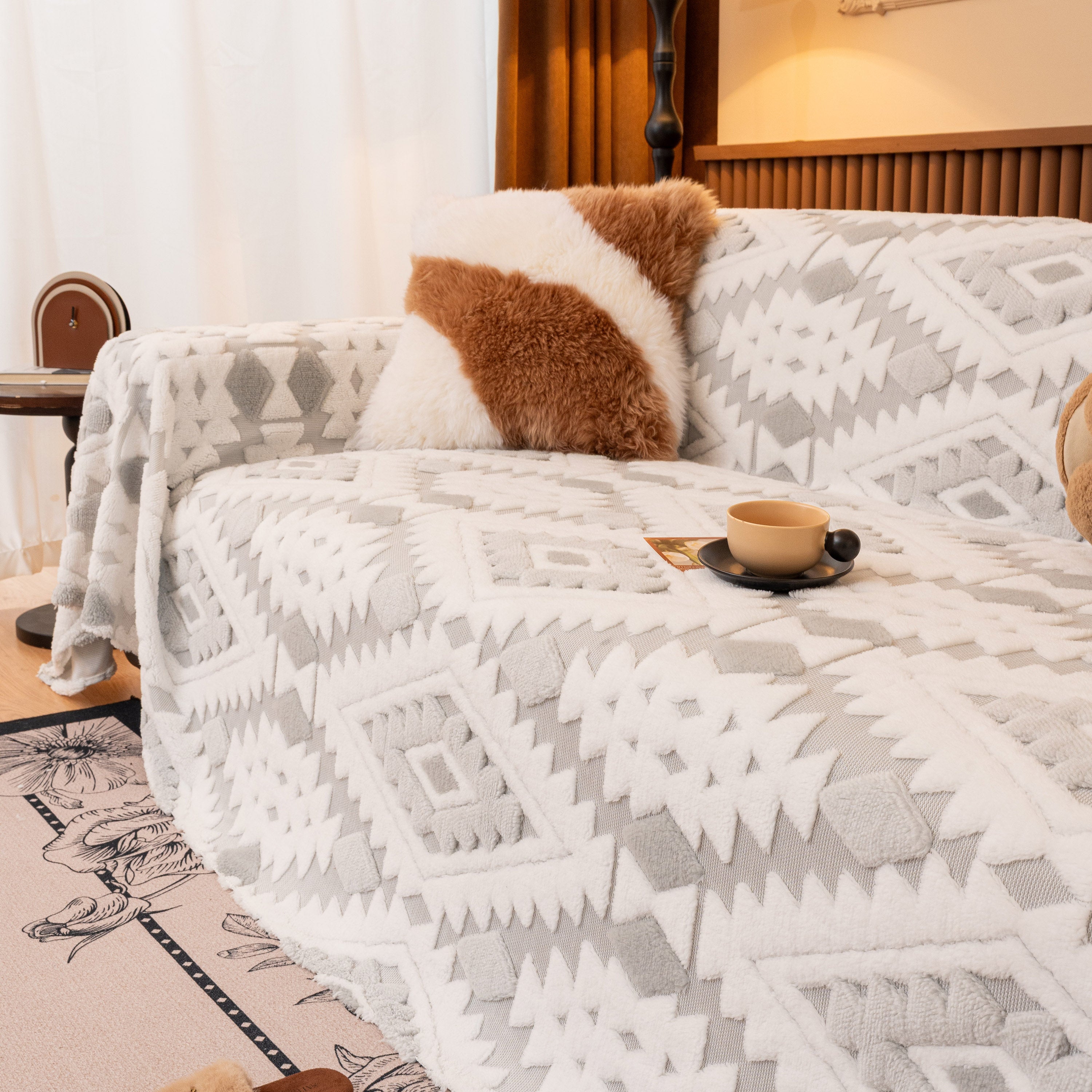 Bohemian Tufted Sofa Cover, Soft Sherpa Fleece Throw Blanket With 3d Aztec Geometric