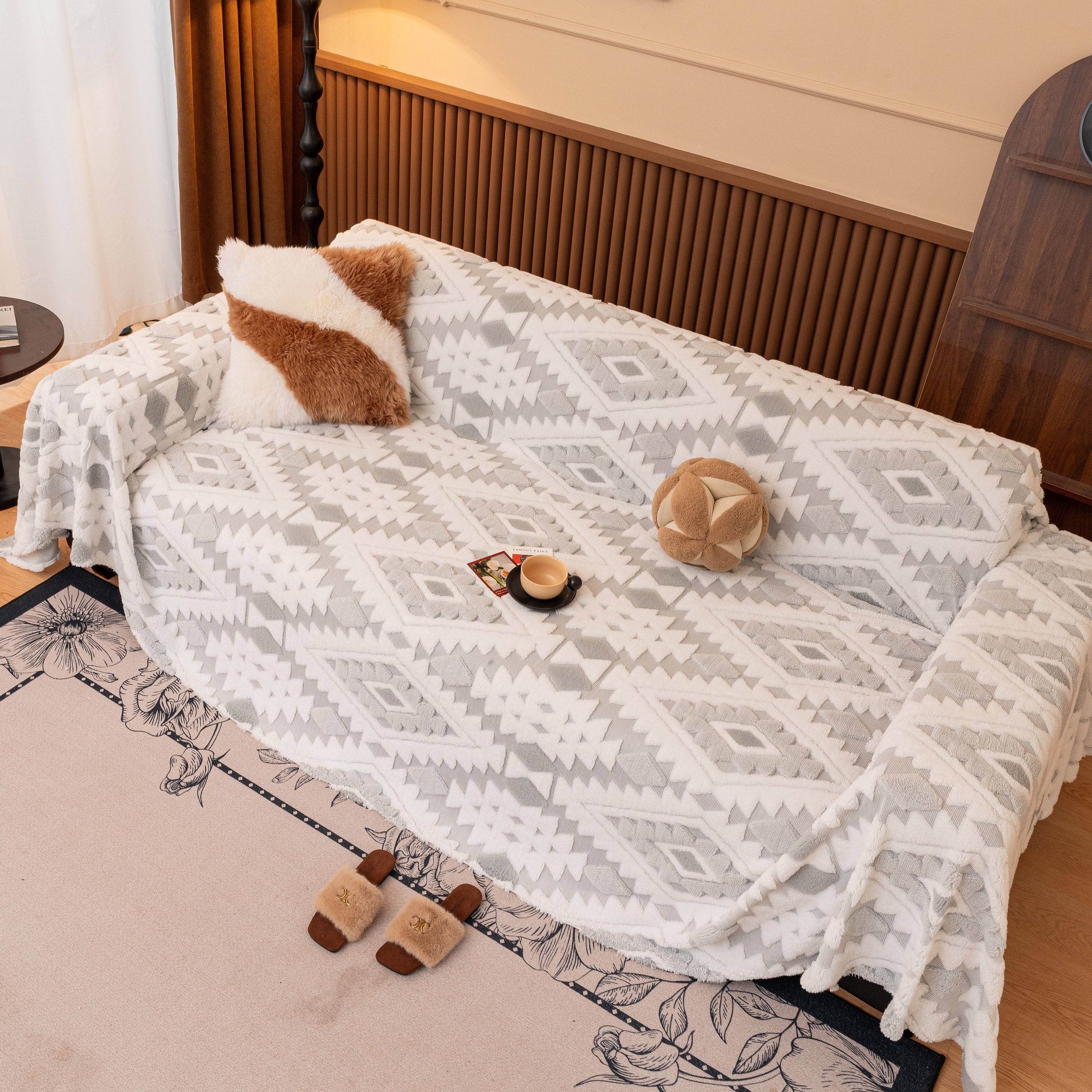 Bohemian Tufted Sofa Cover, Soft Sherpa Fleece Throw Blanket With 3d Aztec Geometric