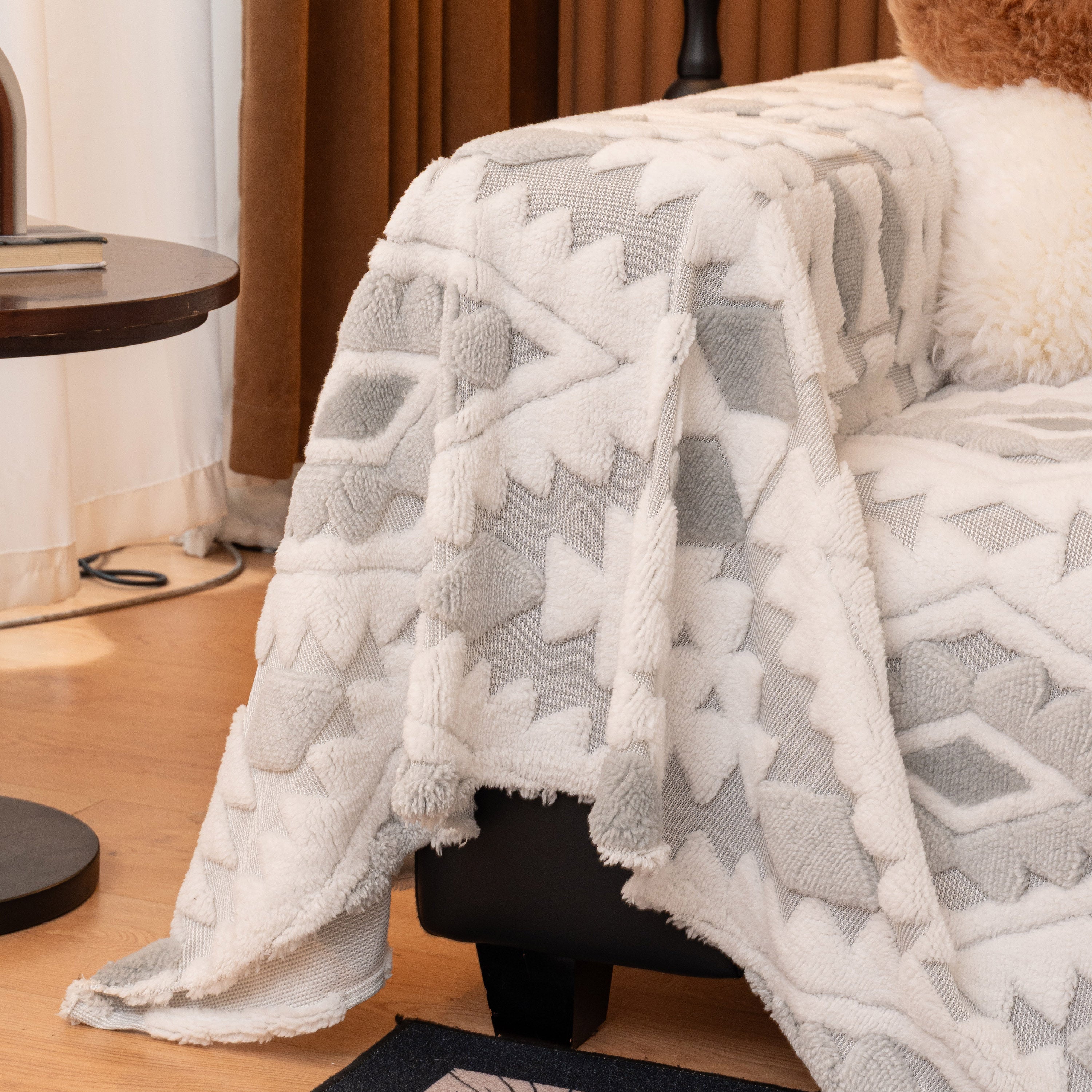 Bohemian Tufted Sofa Cover, Soft Sherpa Fleece Throw Blanket With 3d Aztec Geometric