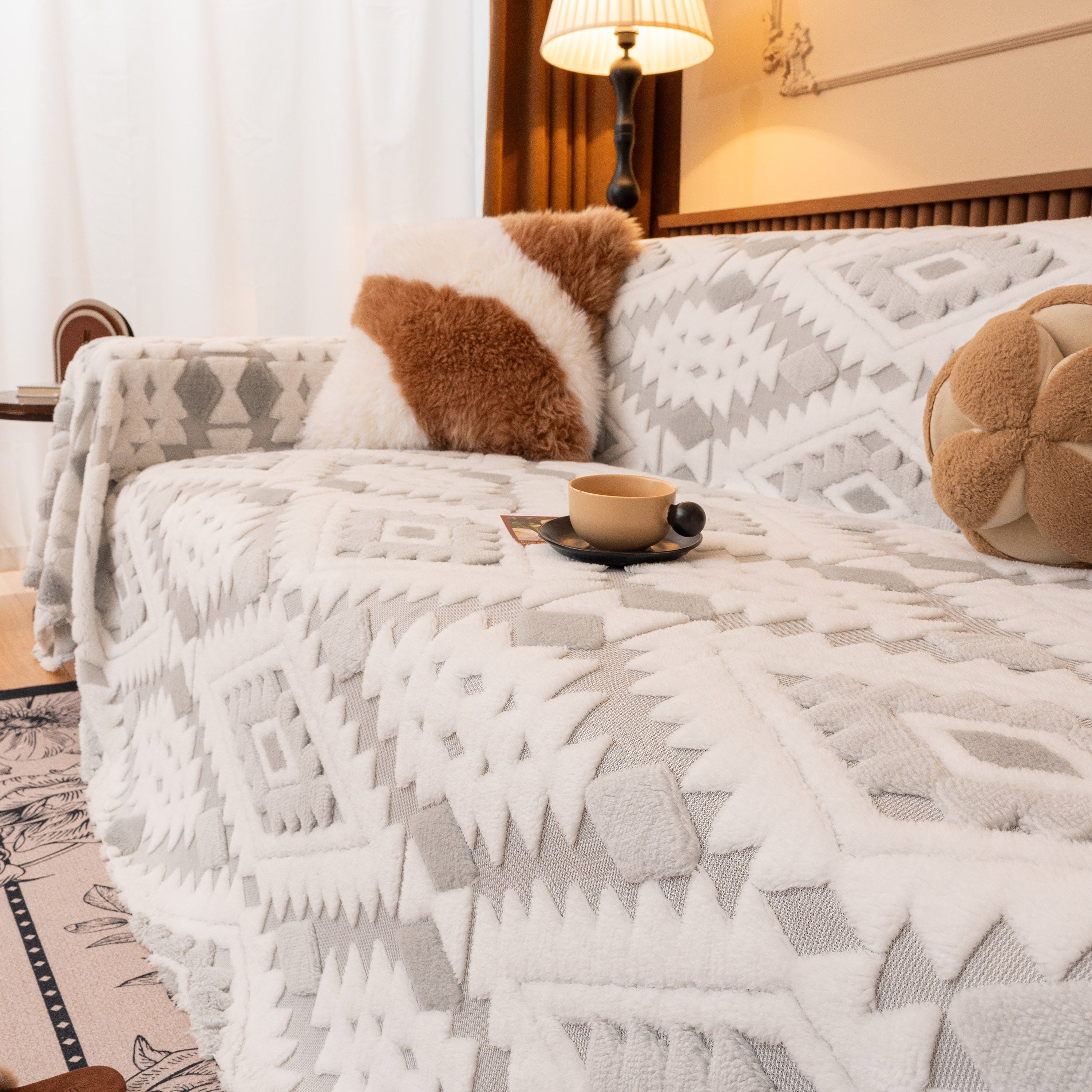 Bohemian Tufted Sofa Cover, Soft Sherpa Fleece Throw Blanket With 3d Aztec Geometric