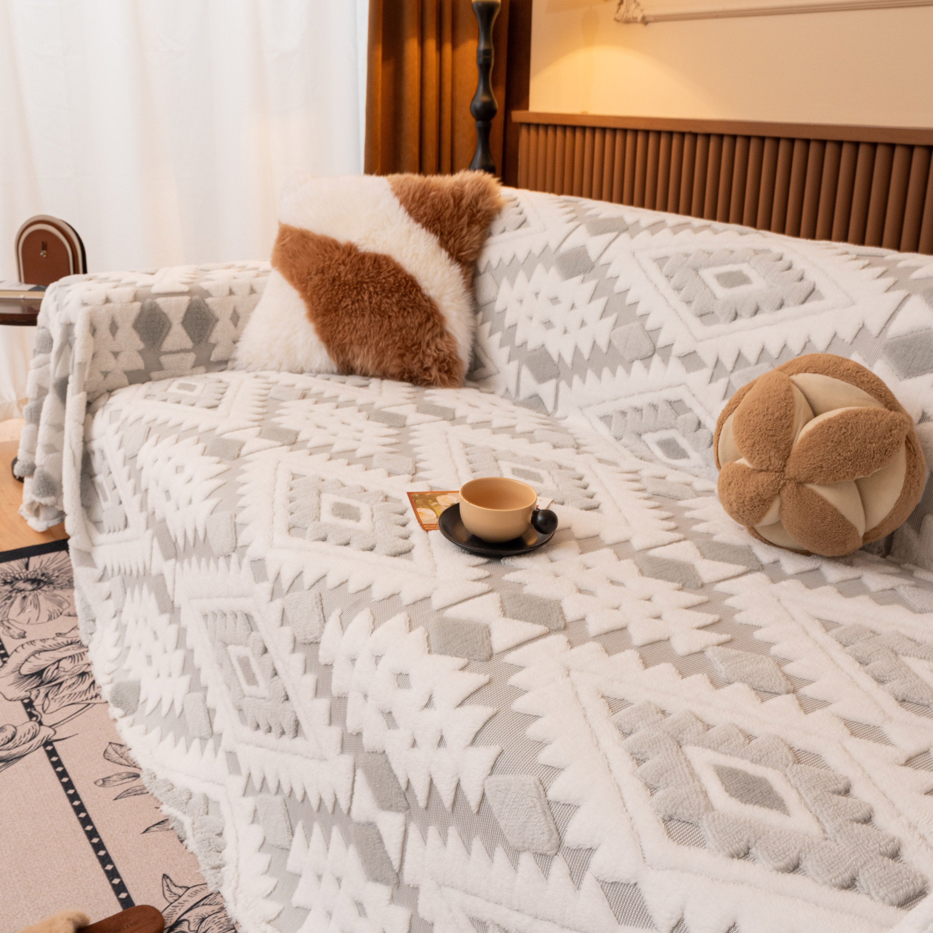 Bohemian Tufted Sofa Cover, Soft Sherpa Fleece Throw Blanket With 3d Aztec Geometric