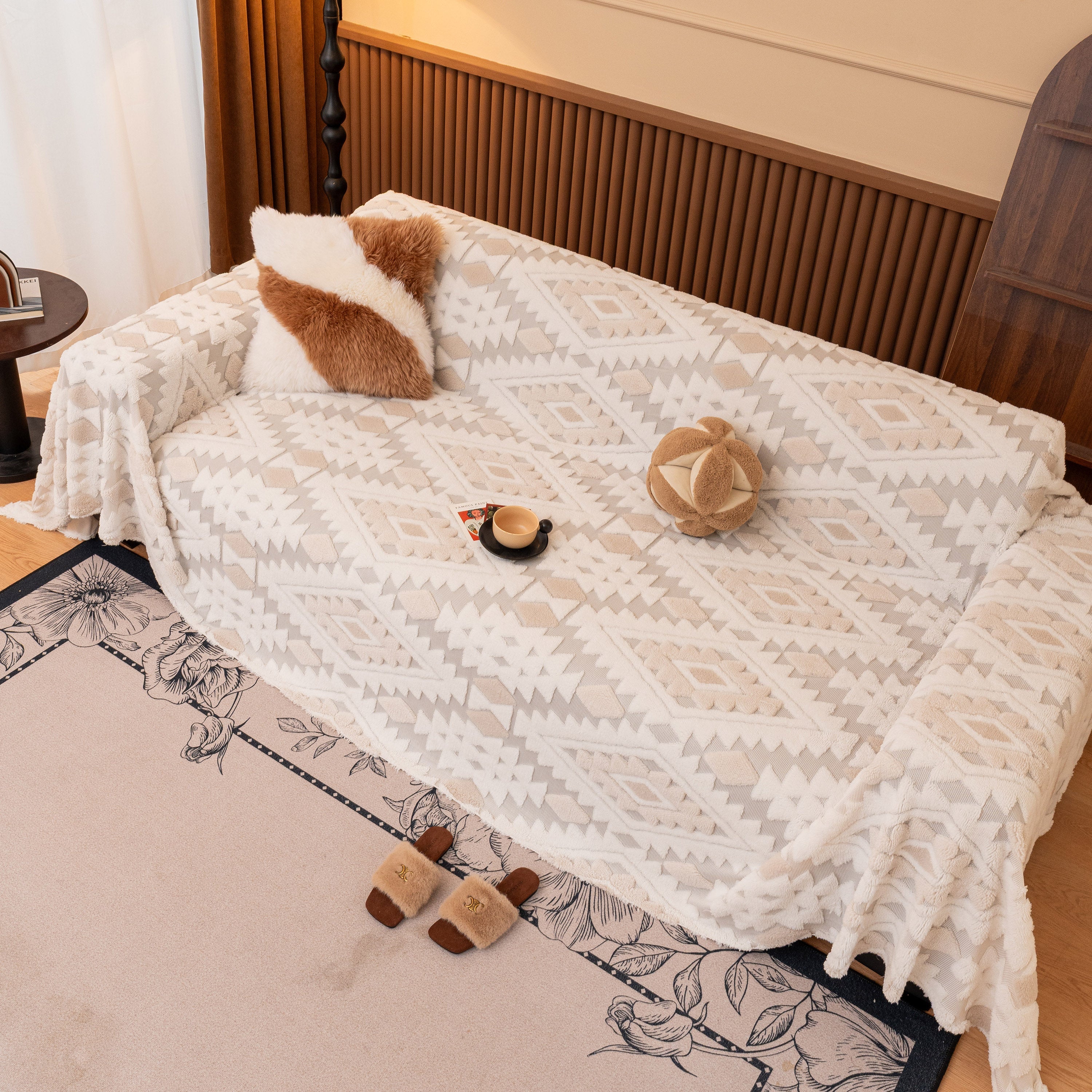 Bohemian Tufted Sofa Cover, Soft Sherpa Fleece Throw Blanket With 3d Aztec Geometric