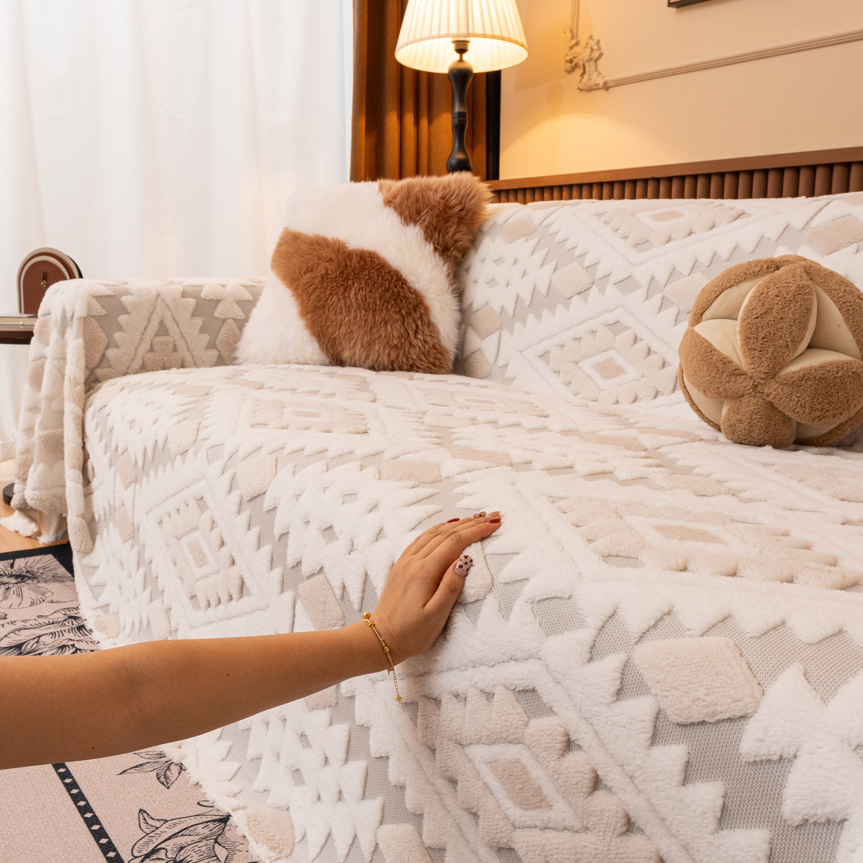 Bohemian Tufted Sofa Cover, Soft Sherpa Fleece Throw Blanket With 3d Aztec Geometric