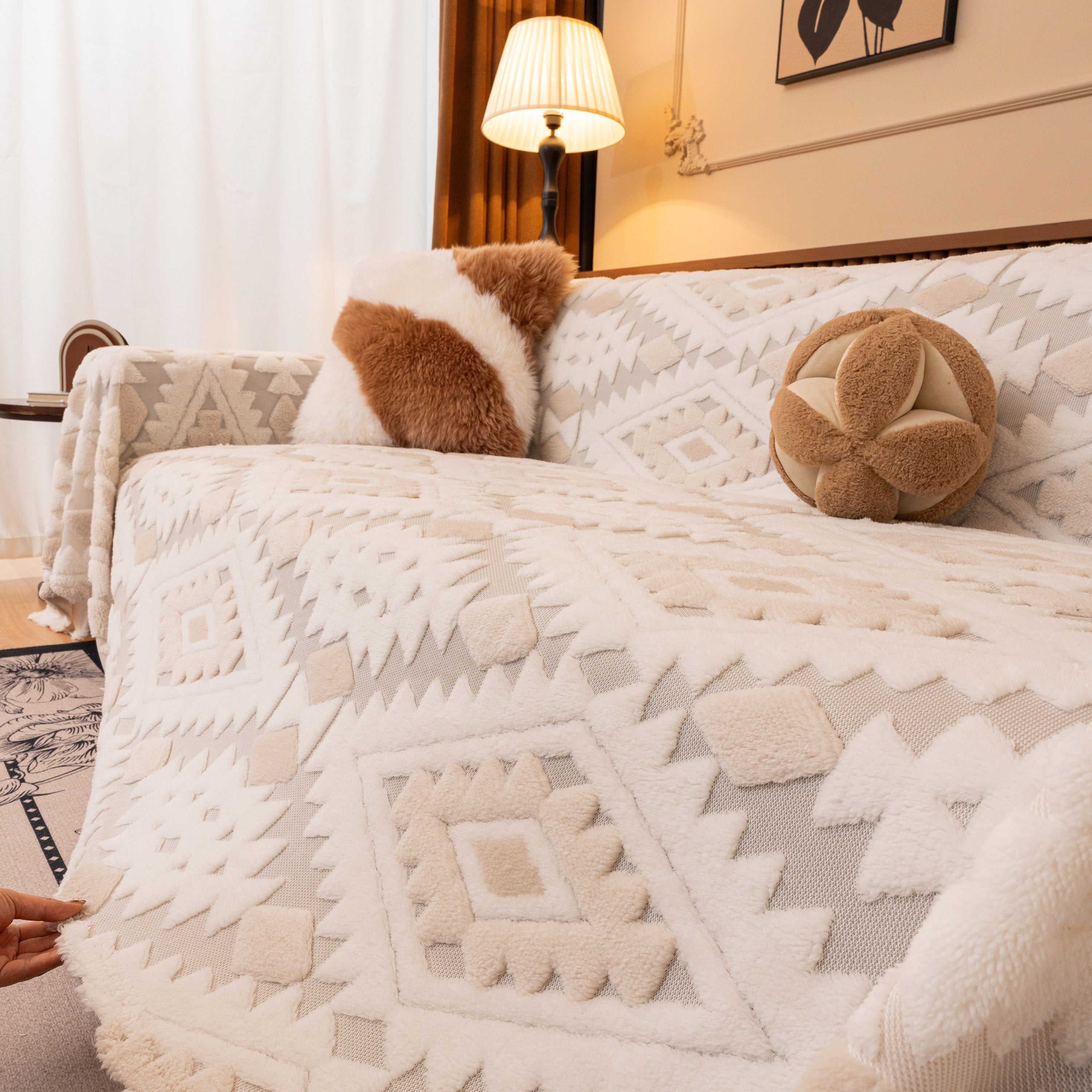 Bohemian Tufted Sofa Cover, Soft Sherpa Fleece Throw Blanket With 3d Aztec Geometric