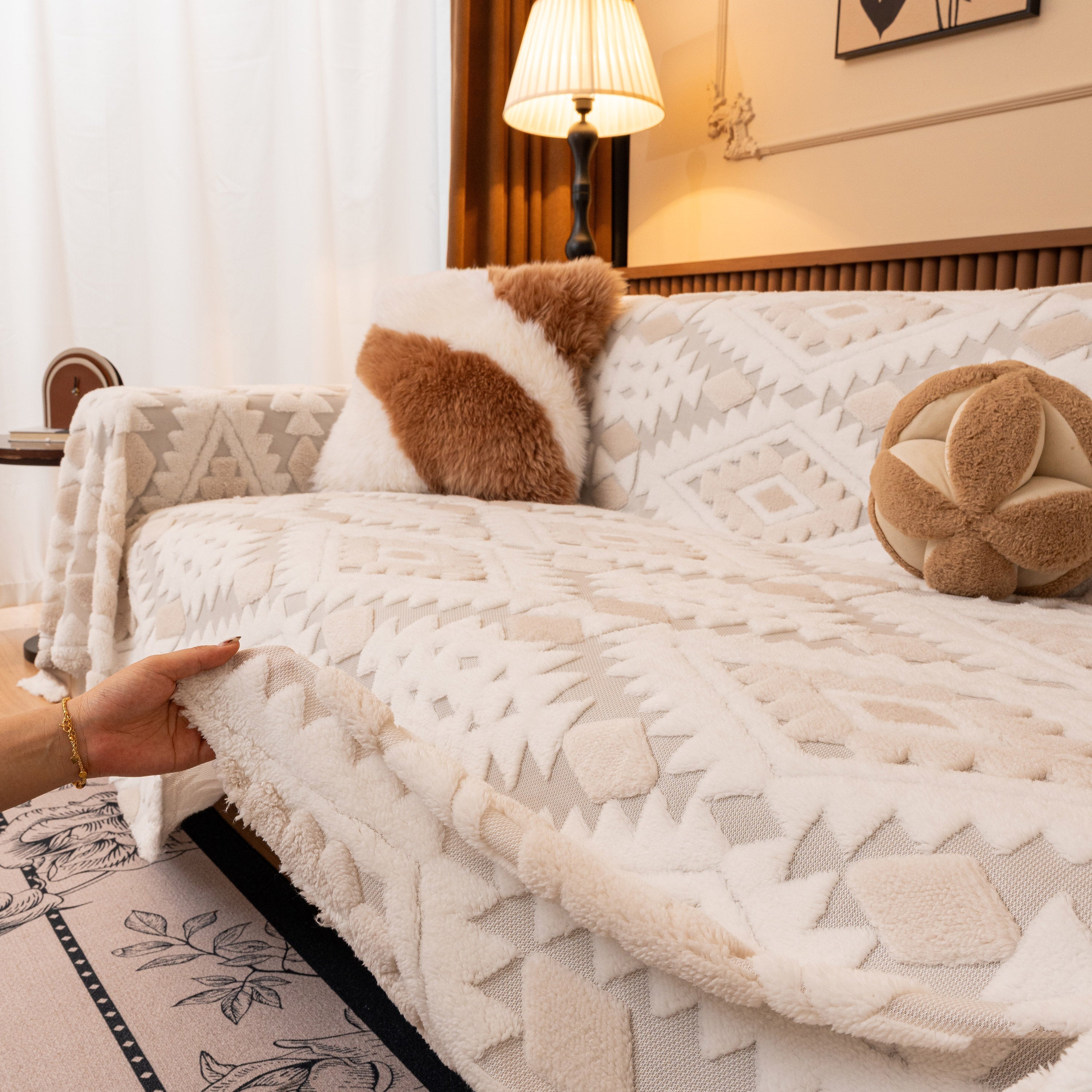Bohemian Tufted Sofa Cover, Soft Sherpa Fleece Throw Blanket With 3d Aztec Geometric