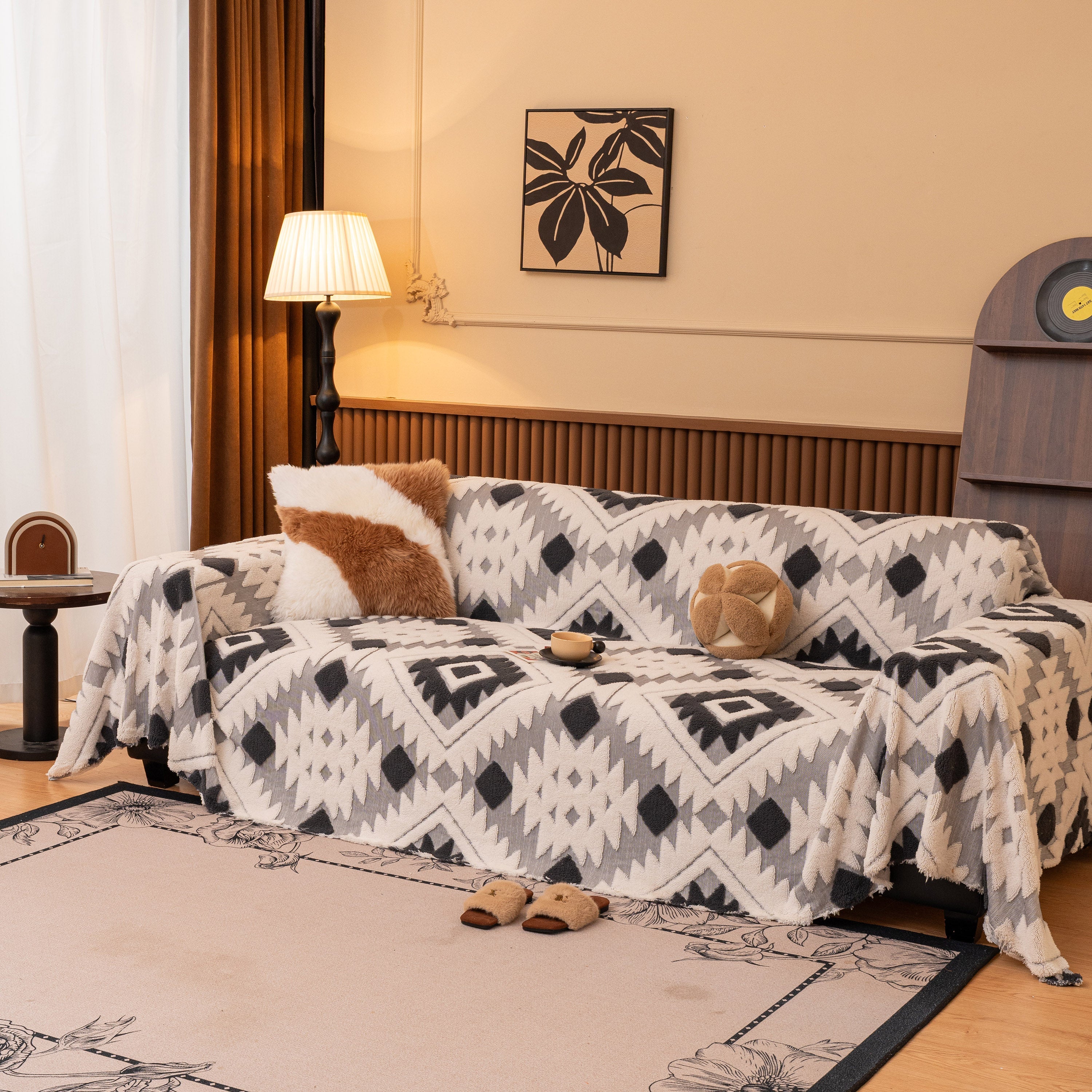 Bohemian Tufted Sofa Cover, Soft Sherpa Fleece Throw Blanket With 3d Aztec Geometric