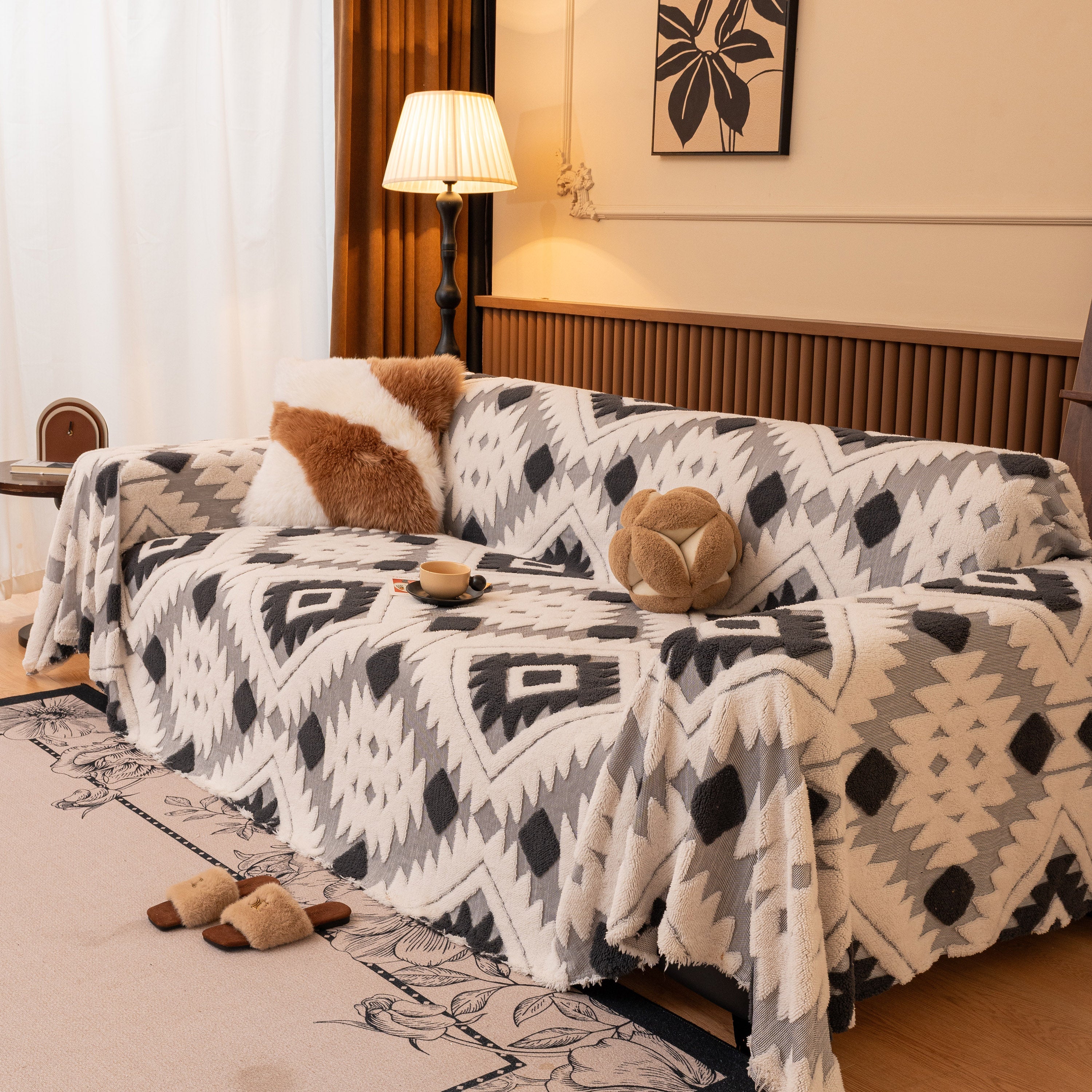 Bohemian Tufted Sofa Cover, Soft Sherpa Fleece Throw Blanket With 3d Aztec Geometric