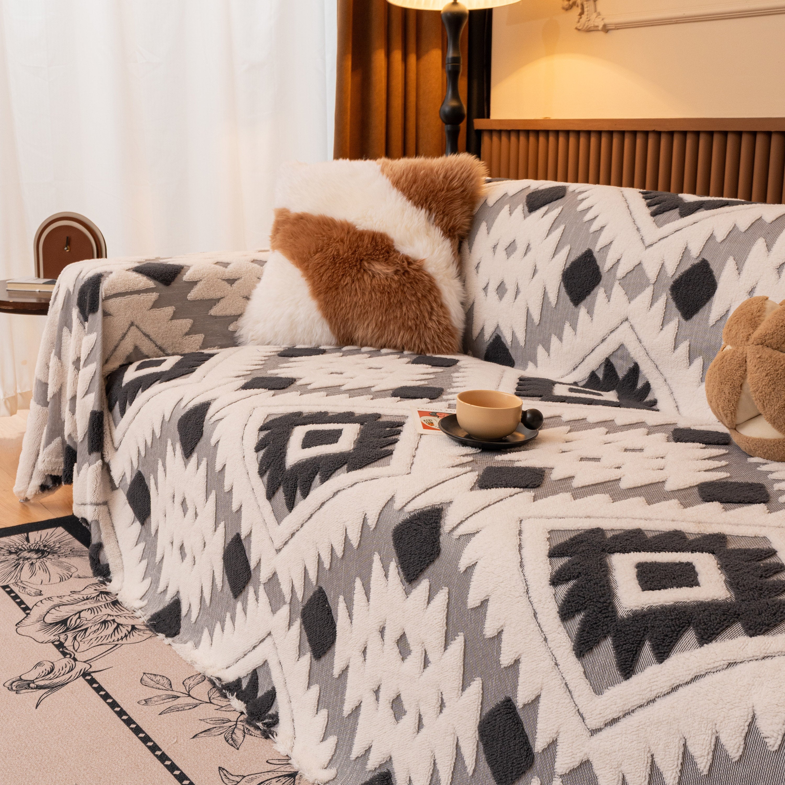 Bohemian Tufted Sofa Cover, Soft Sherpa Fleece Throw Blanket With 3d Aztec Geometric