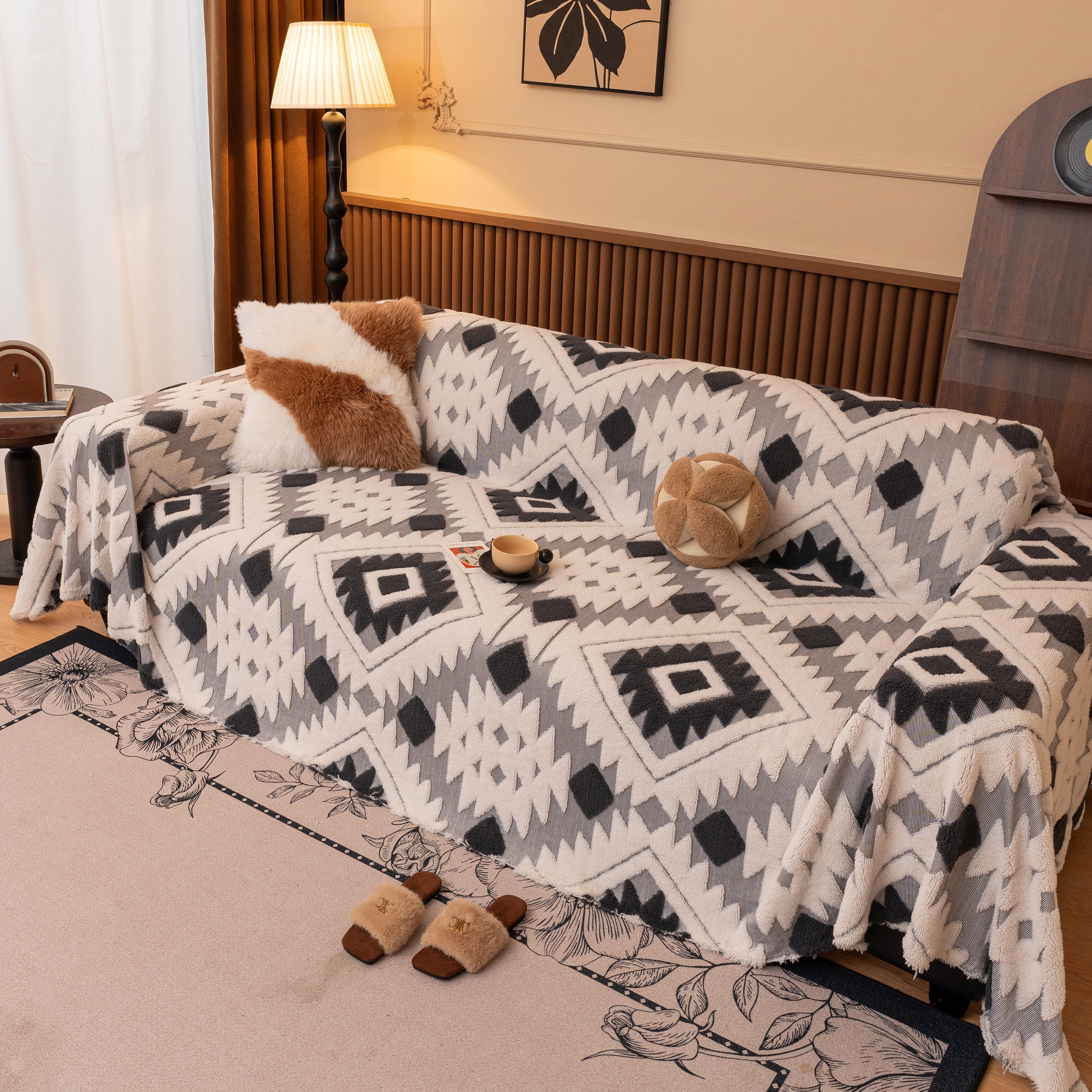 Bohemian Tufted Sofa Cover, Soft Sherpa Fleece Throw Blanket With 3d Aztec Geometric