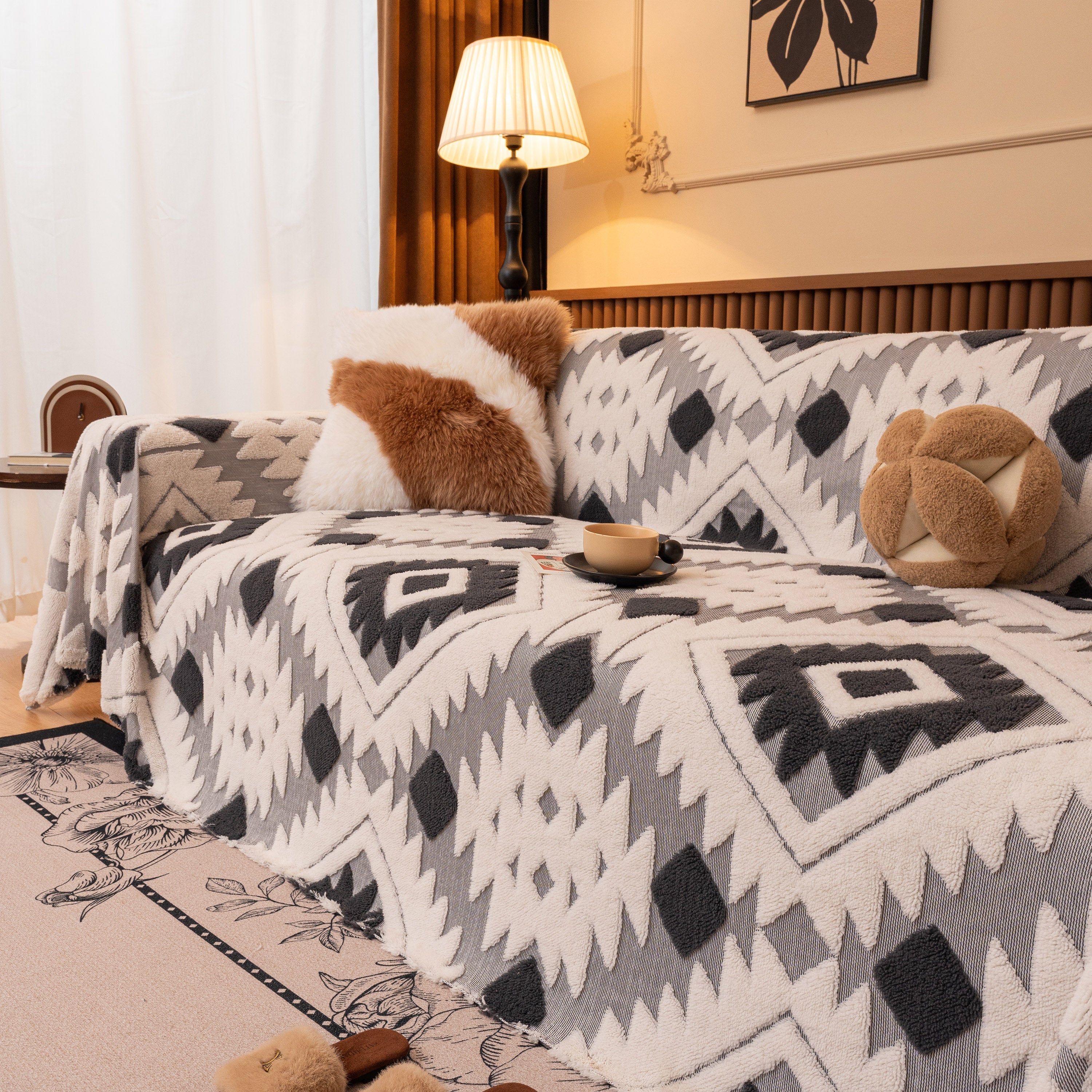 Bohemian Tufted Sofa Cover, Soft Sherpa Fleece Throw Blanket With 3d Aztec Geometric