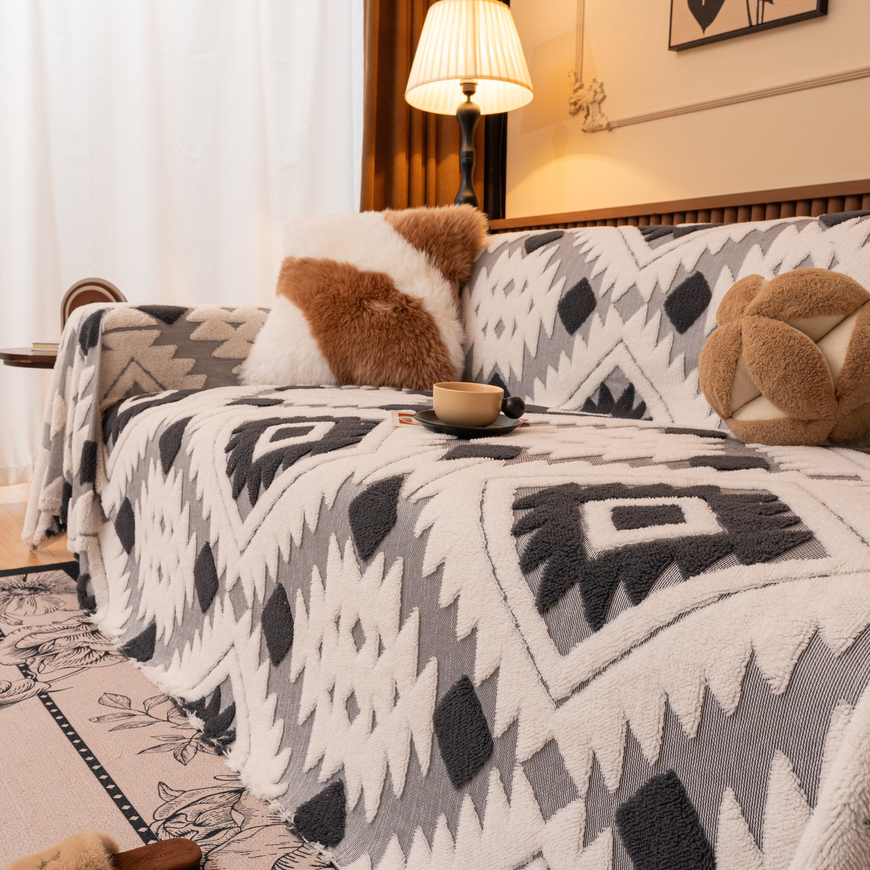 Bohemian Tufted Sofa Cover, Soft Sherpa Fleece Throw Blanket With 3d Aztec Geometric
