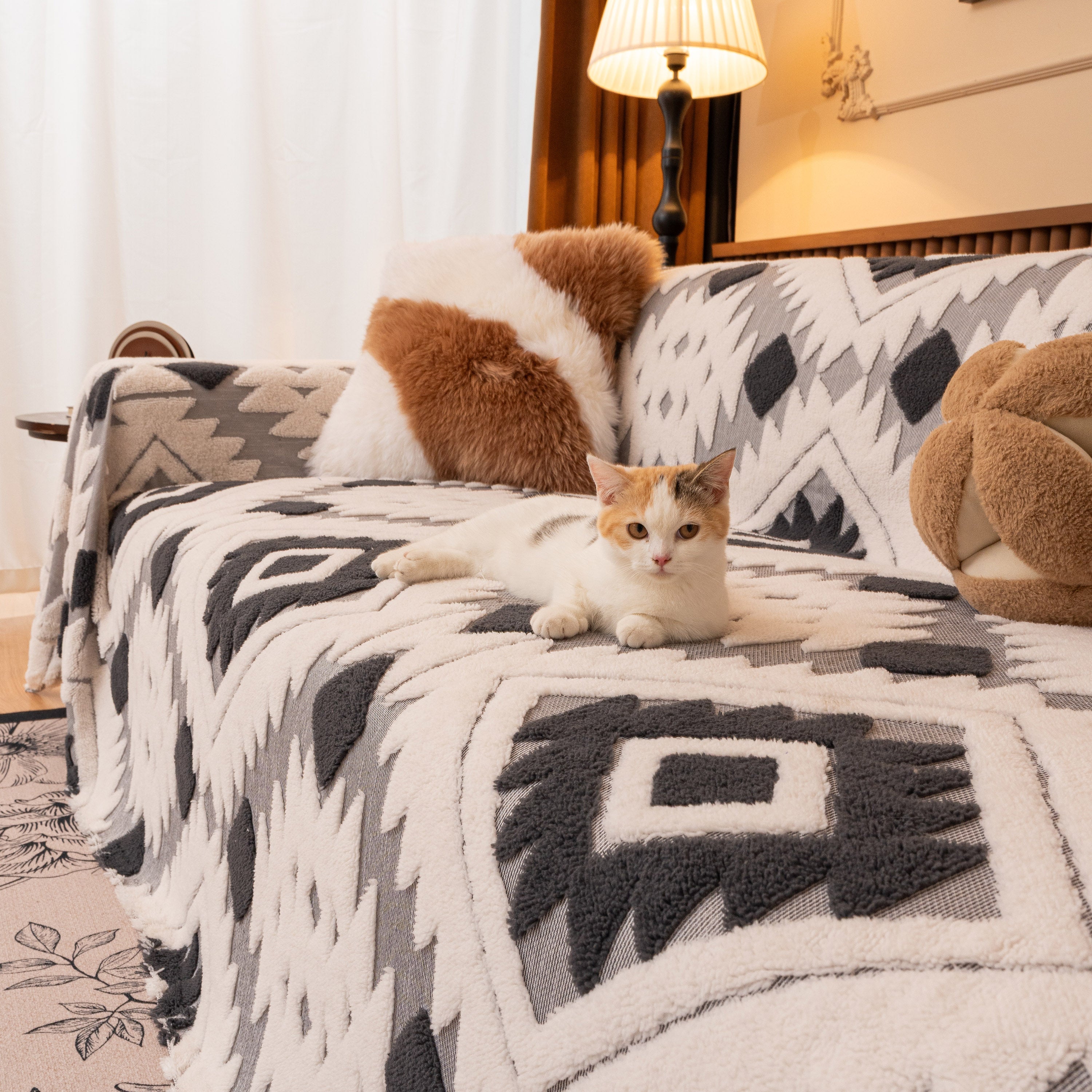 Bohemian Tufted Sofa Cover, Soft Sherpa Fleece Throw Blanket With 3d Aztec Geometric