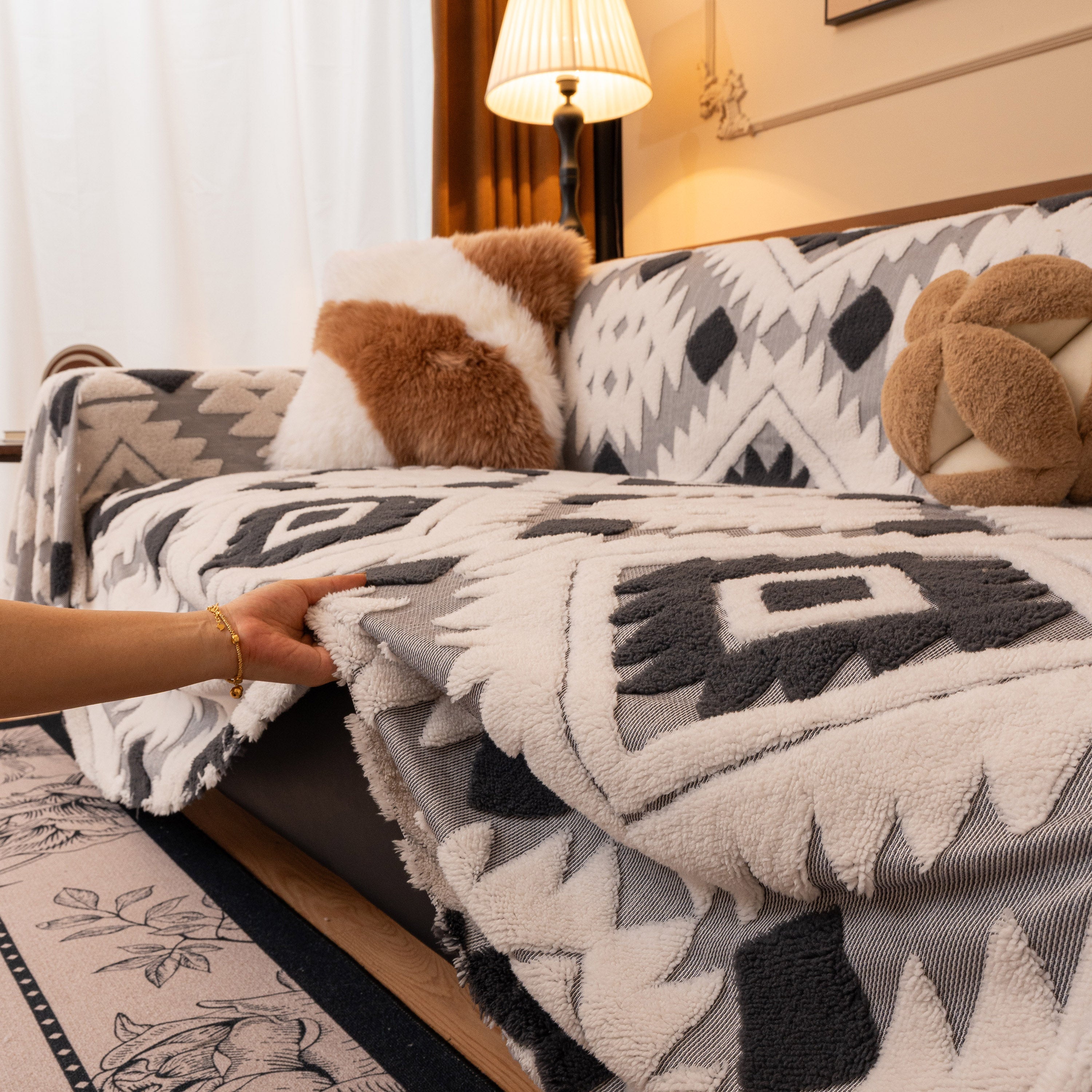 Bohemian Tufted Sofa Cover, Soft Sherpa Fleece Throw Blanket With 3d Aztec Geometric