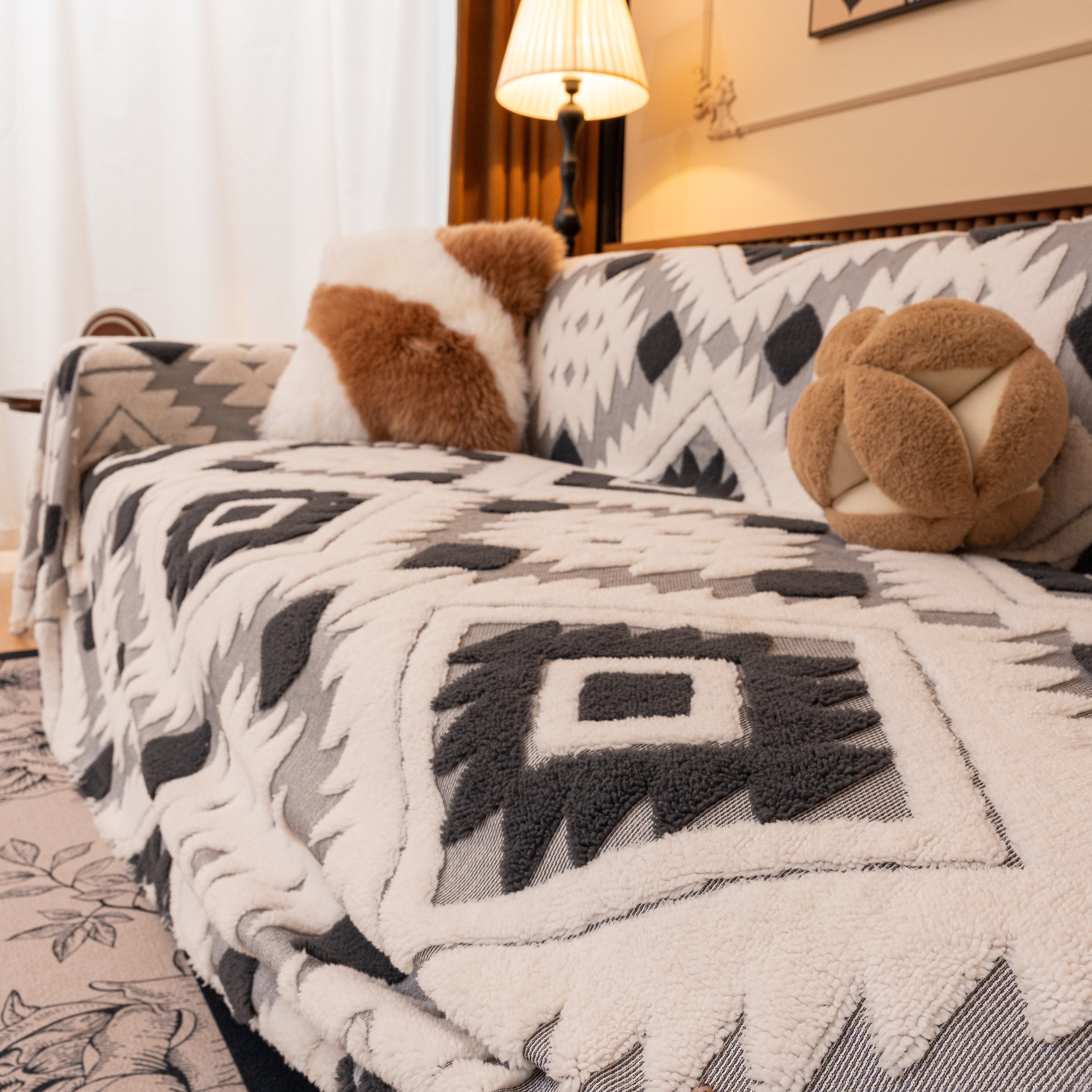 Bohemian Tufted Sofa Cover, Soft Sherpa Fleece Throw Blanket With 3d Aztec Geometric