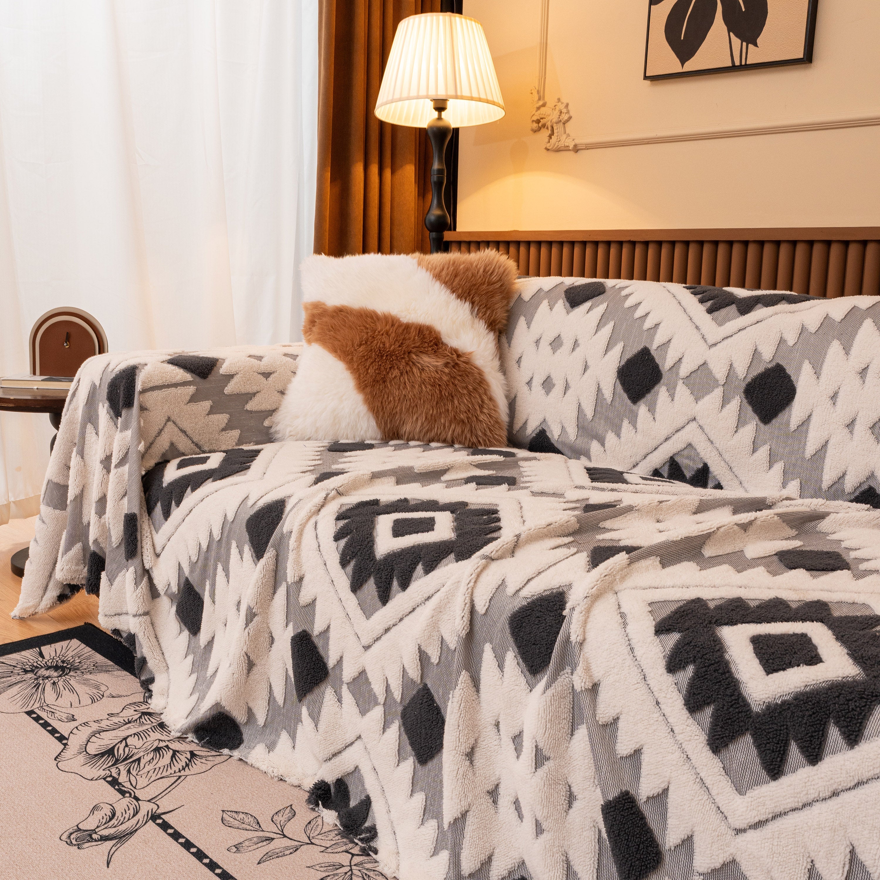 Bohemian Tufted Sofa Cover, Soft Sherpa Fleece Throw Blanket With 3d Aztec Geometric