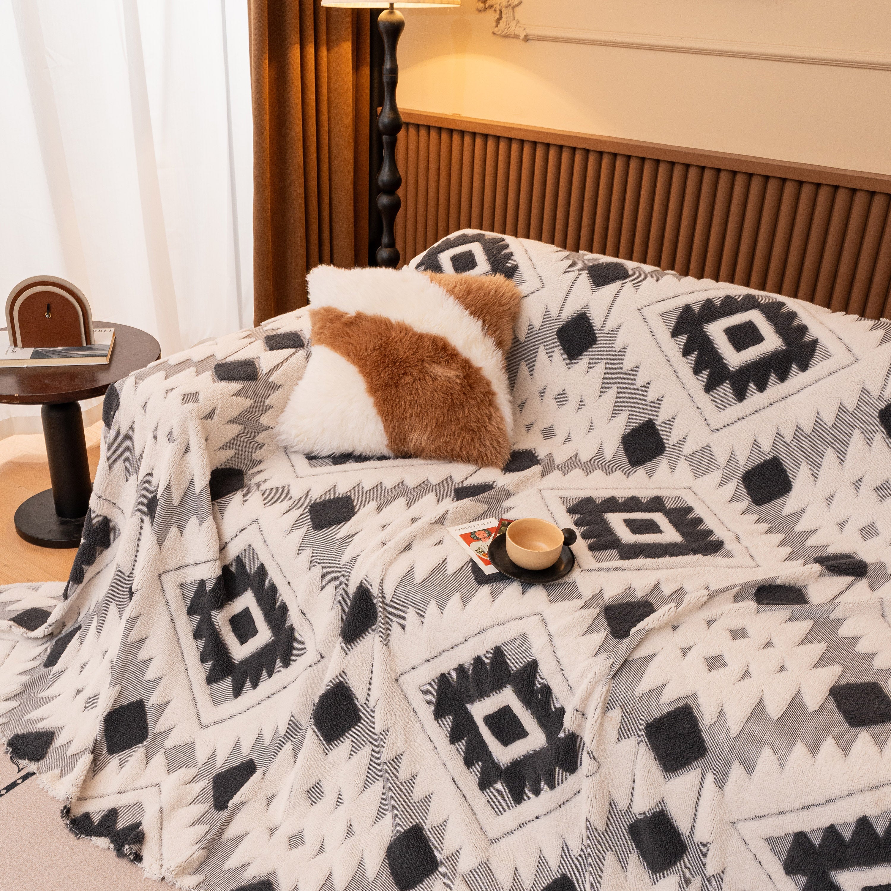 Bohemian Tufted Sofa Cover, Soft Sherpa Fleece Throw Blanket With 3d Aztec Geometric