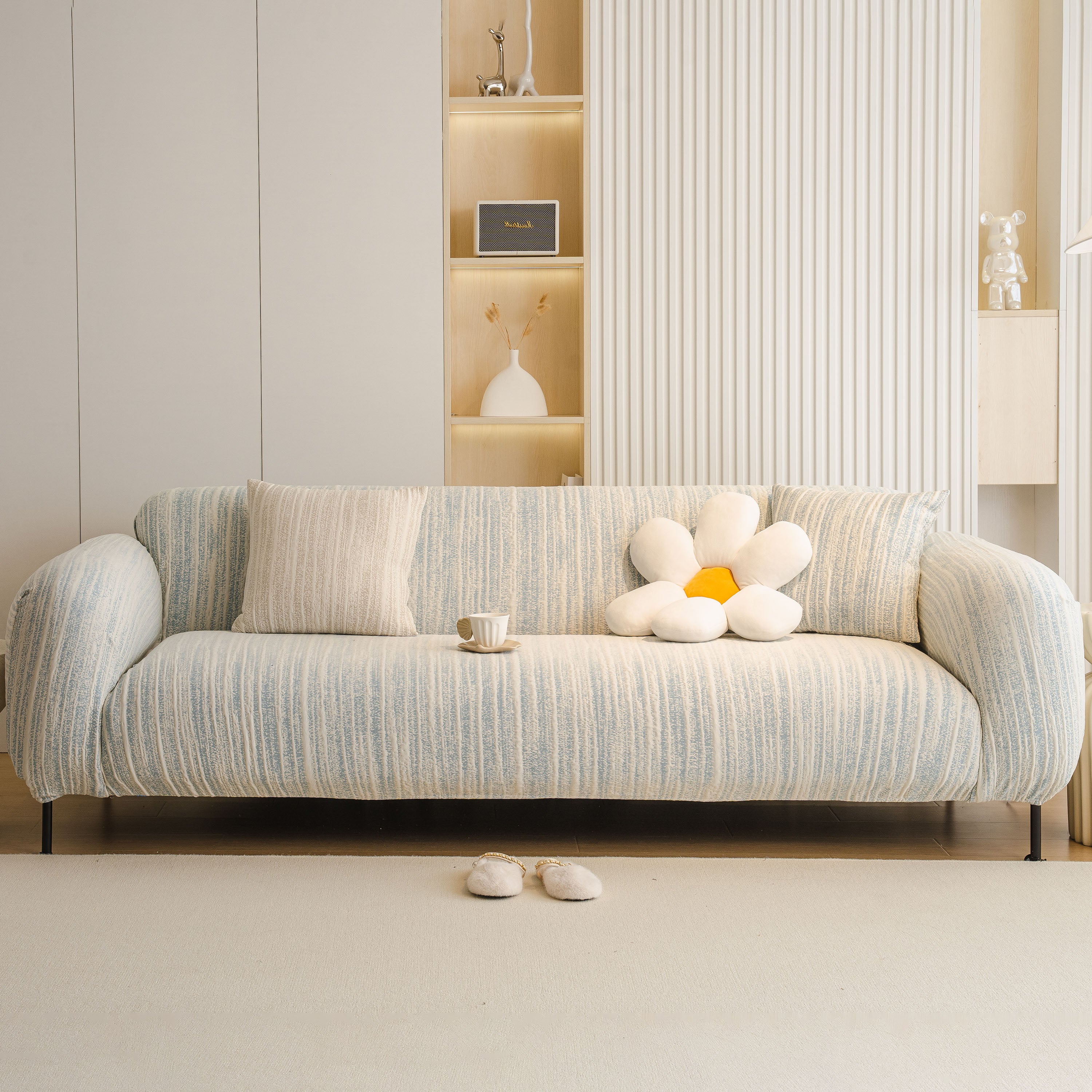 Ribbed Washable Sofa Cover, High Stretch Striped Couch Slipcover With Tie Straps