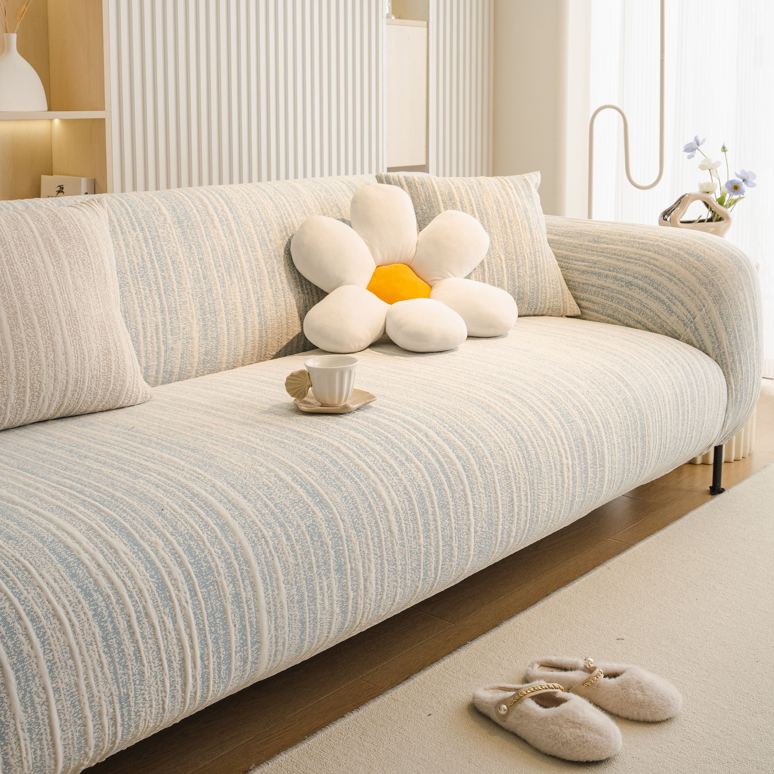 Ribbed Washable Sofa Cover, High Stretch Striped Couch Slipcover With Tie Straps