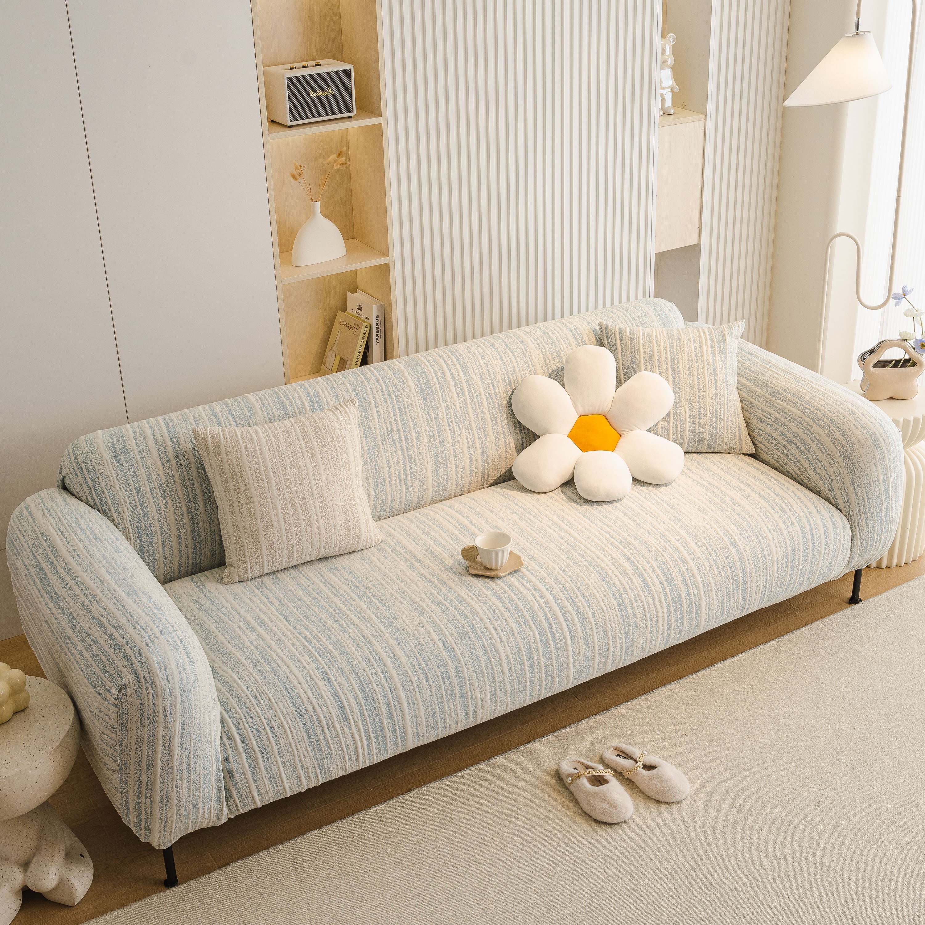 Ribbed Washable Sofa Cover, High Stretch Striped Couch Slipcover With Tie Straps