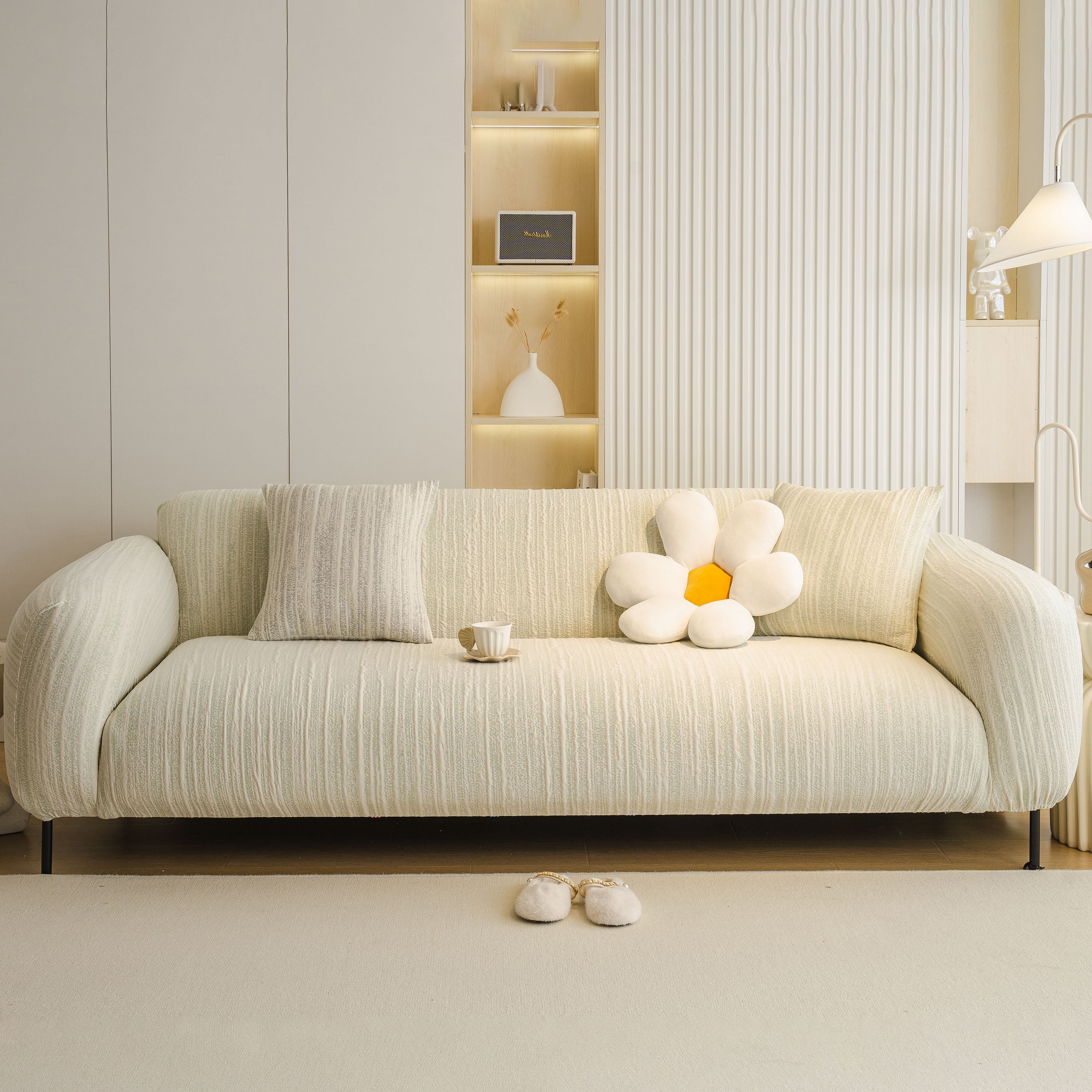 Ribbed Washable Sofa Cover, High Stretch Striped Couch Slipcover With Tie Straps