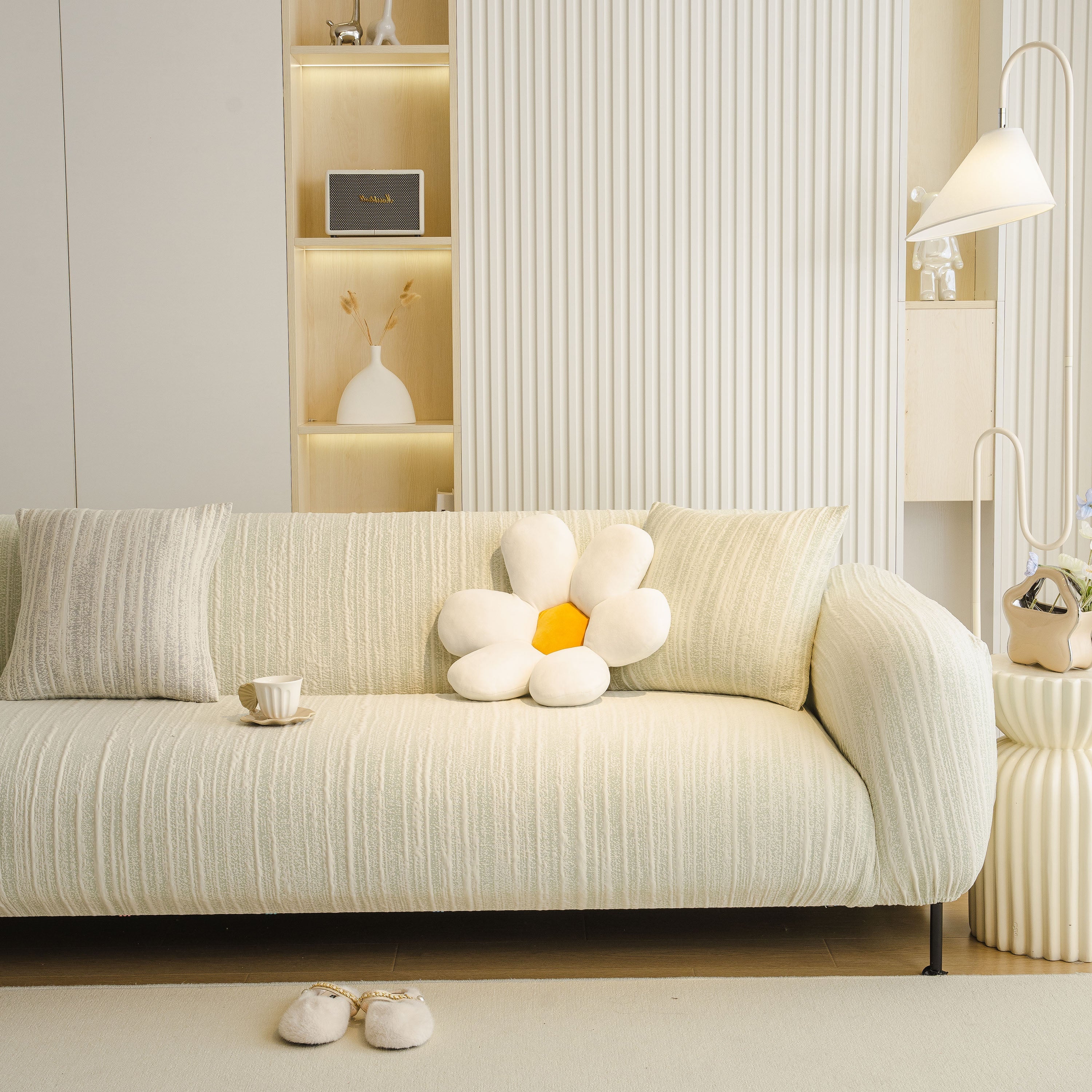 Ribbed Washable Sofa Cover, High Stretch Striped Couch Slipcover With Tie Straps