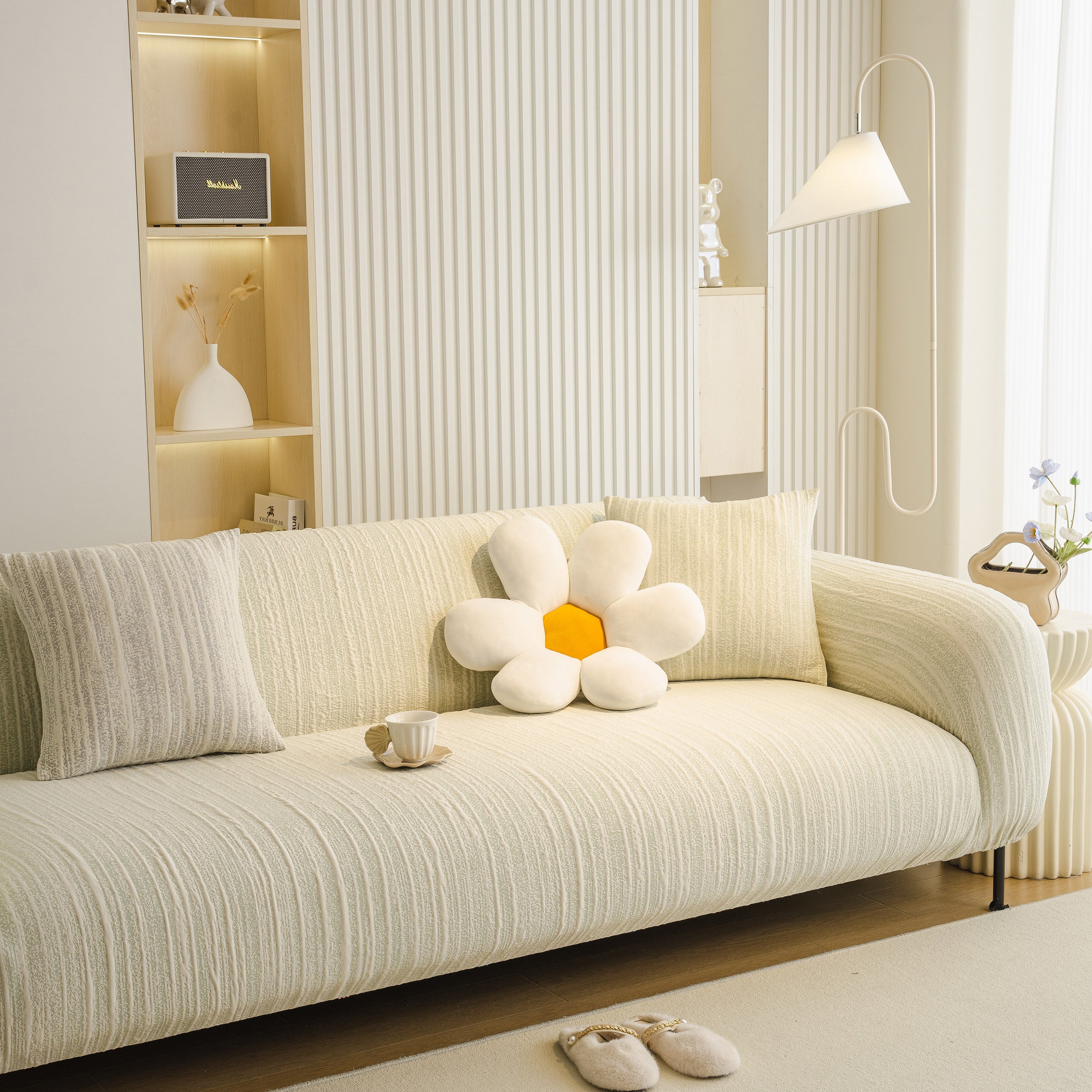 Ribbed Washable Sofa Cover, High Stretch Striped Couch Slipcover With Tie Straps
