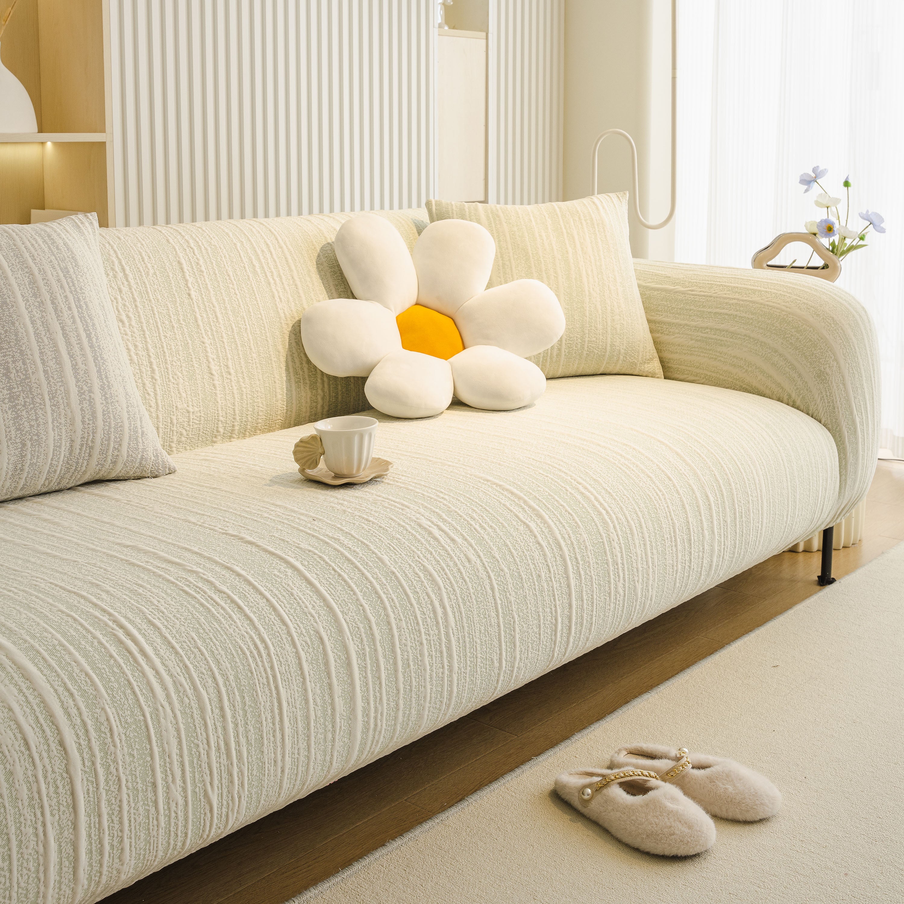 Ribbed Washable Sofa Cover, High Stretch Striped Couch Slipcover With Tie Straps