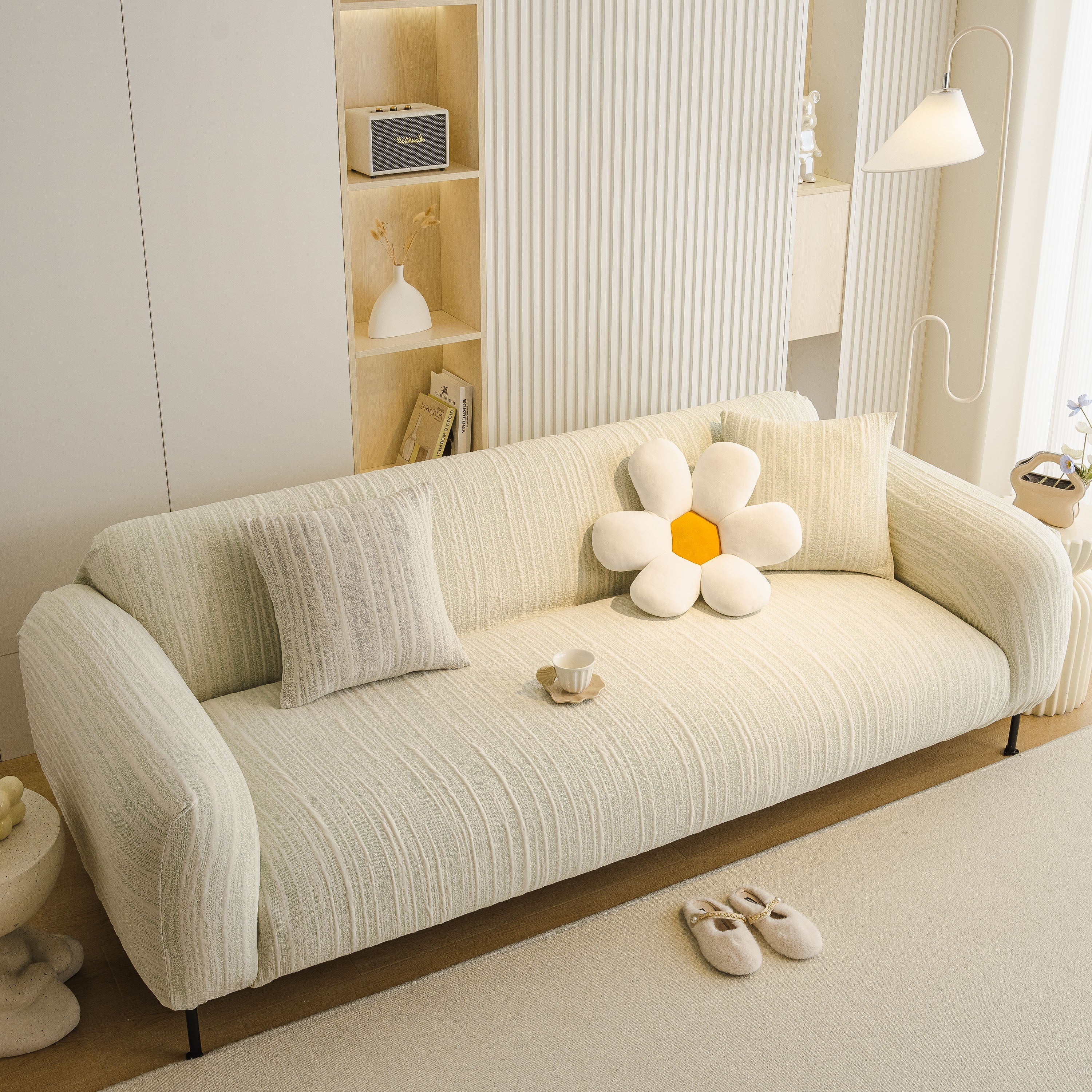 Ribbed Washable Sofa Cover, High Stretch Striped Couch Slipcover With Tie Straps