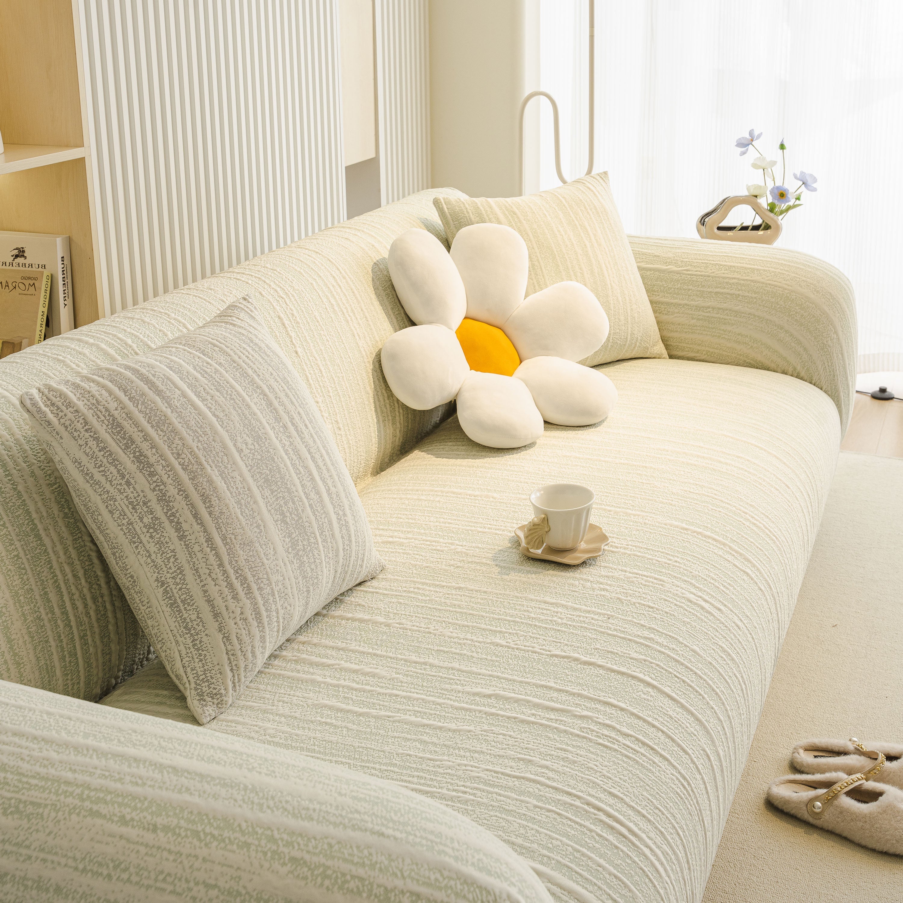 Ribbed Washable Sofa Cover, High Stretch Striped Couch Slipcover With Tie Straps