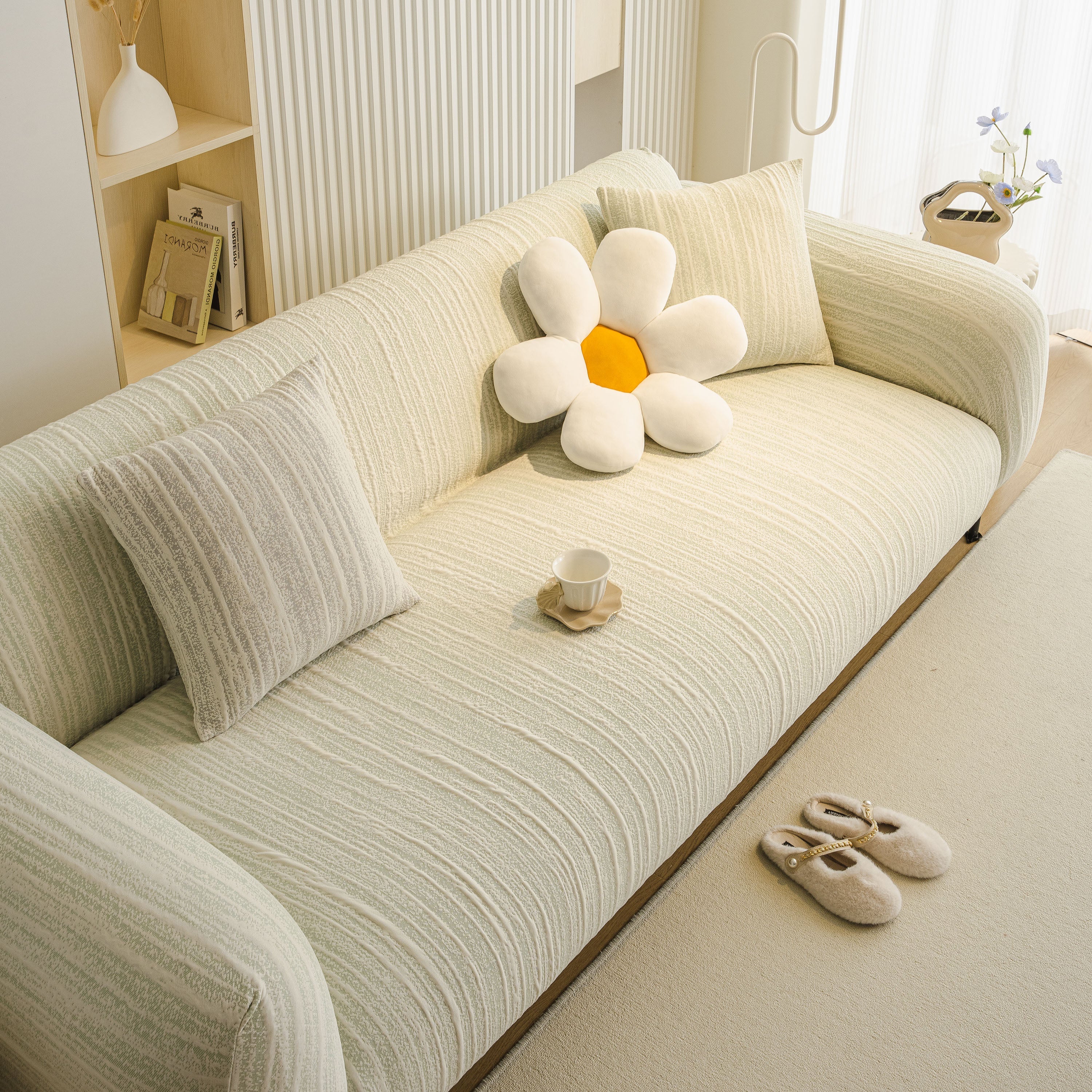 Ribbed Washable Sofa Cover, High Stretch Striped Couch Slipcover With Tie Straps