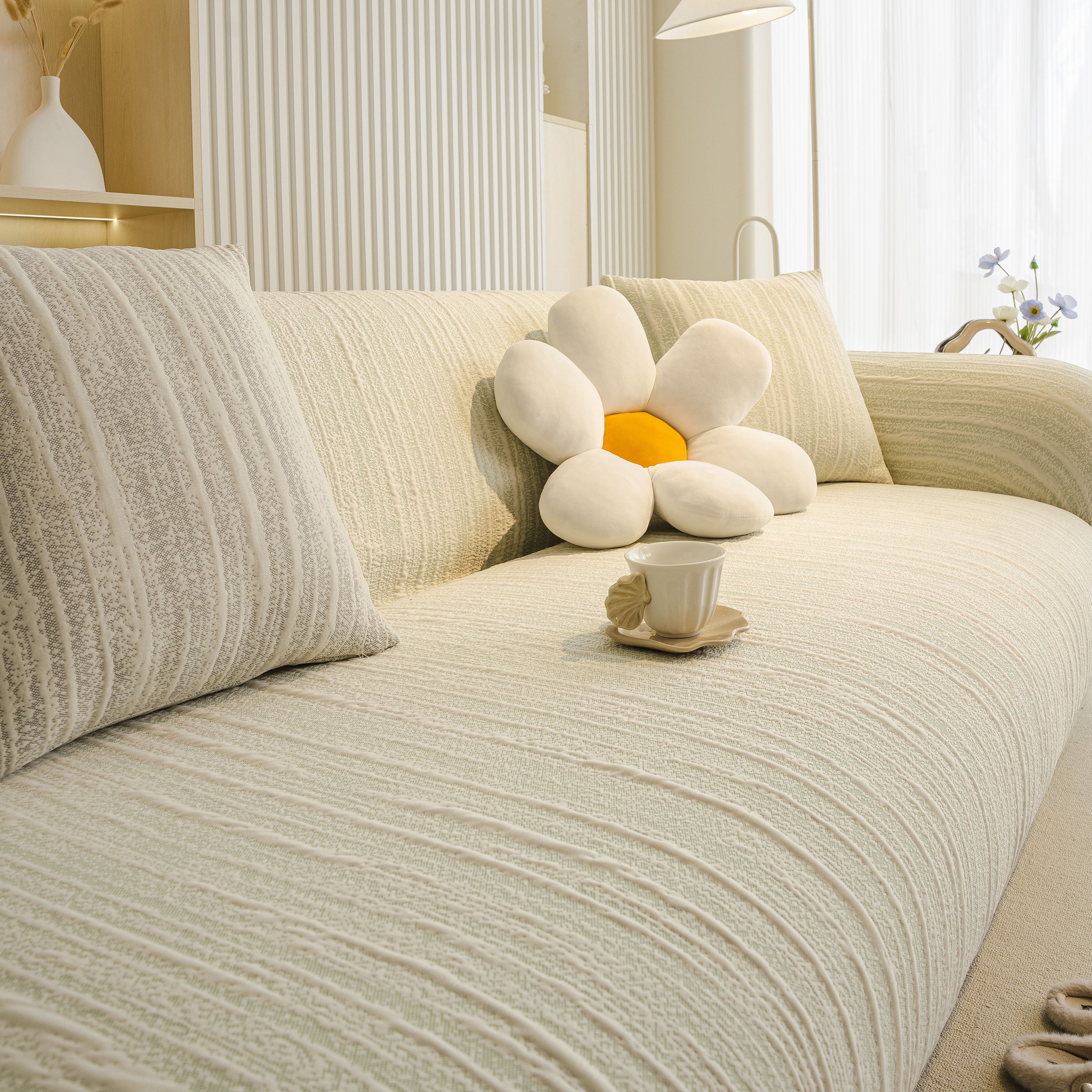 Ribbed Washable Sofa Cover, High Stretch Striped Couch Slipcover With Tie Straps