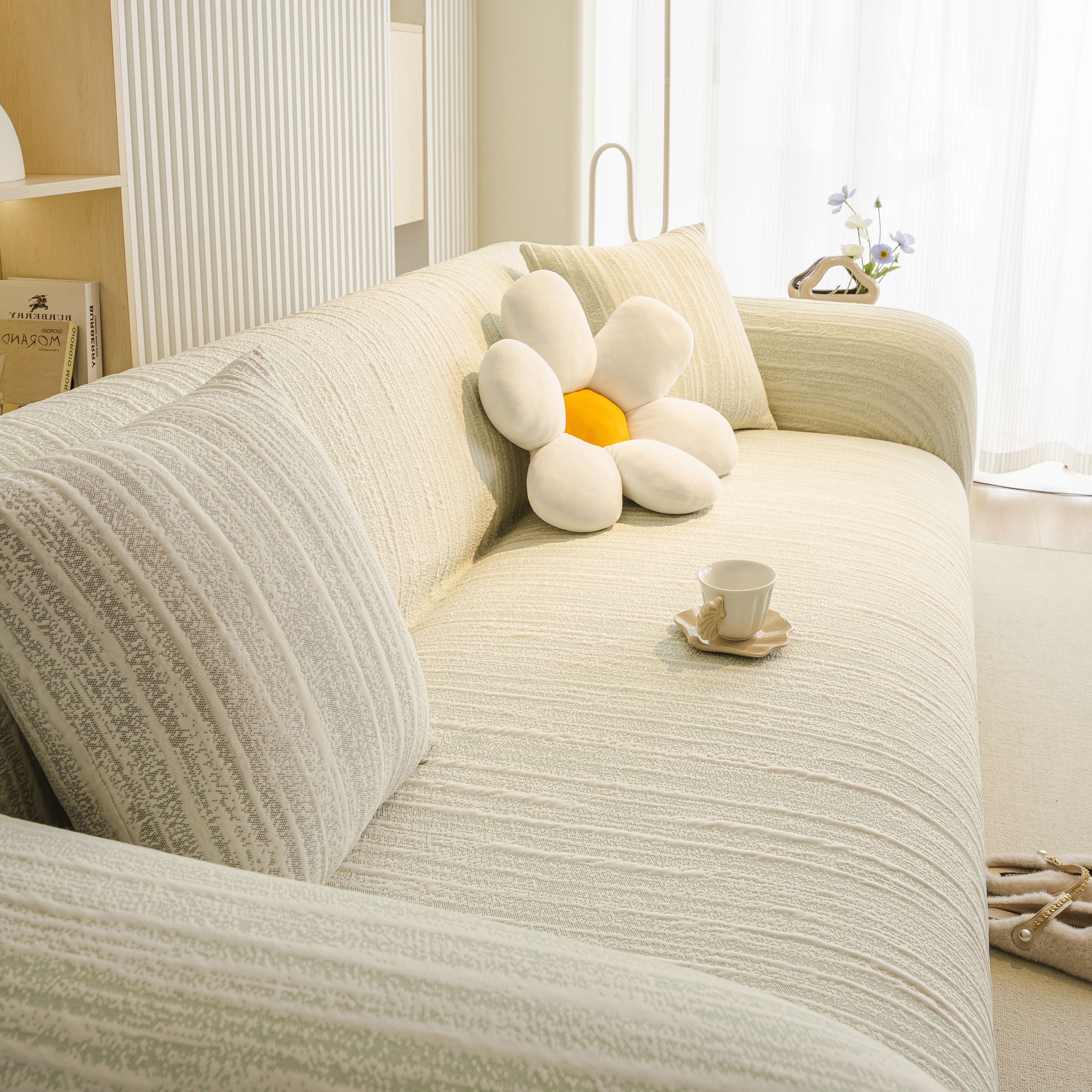 Ribbed Washable Sofa Cover, High Stretch Striped Couch Slipcover With Tie Straps