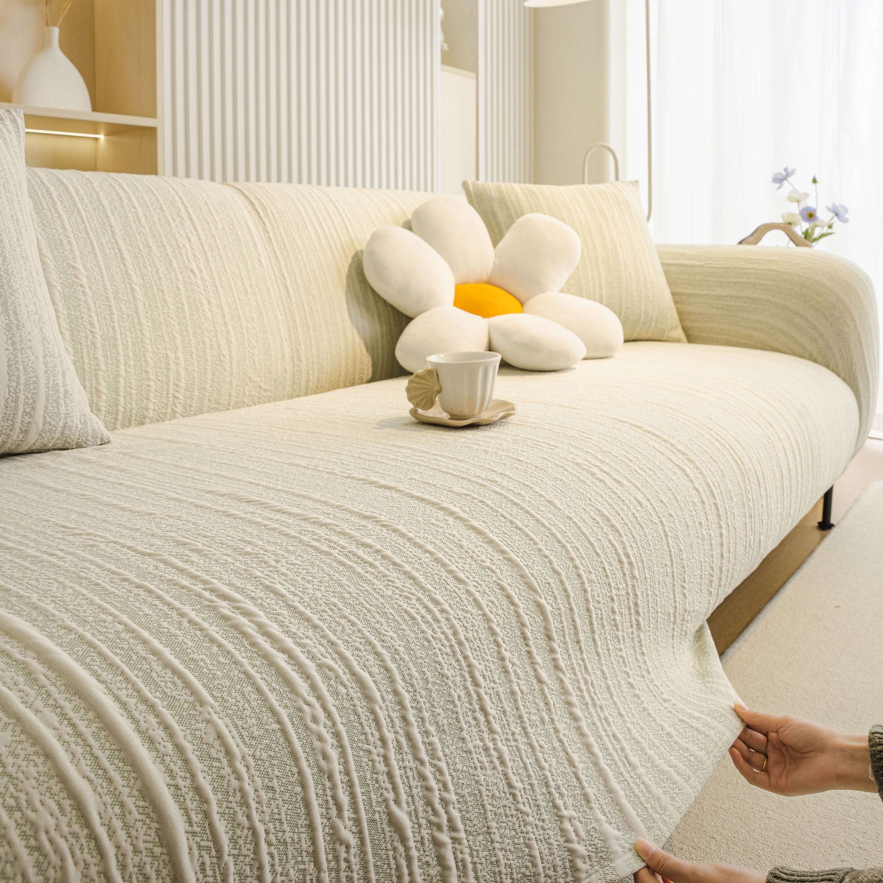 Ribbed Washable Sofa Cover, High Stretch Striped Couch Slipcover With Tie Straps