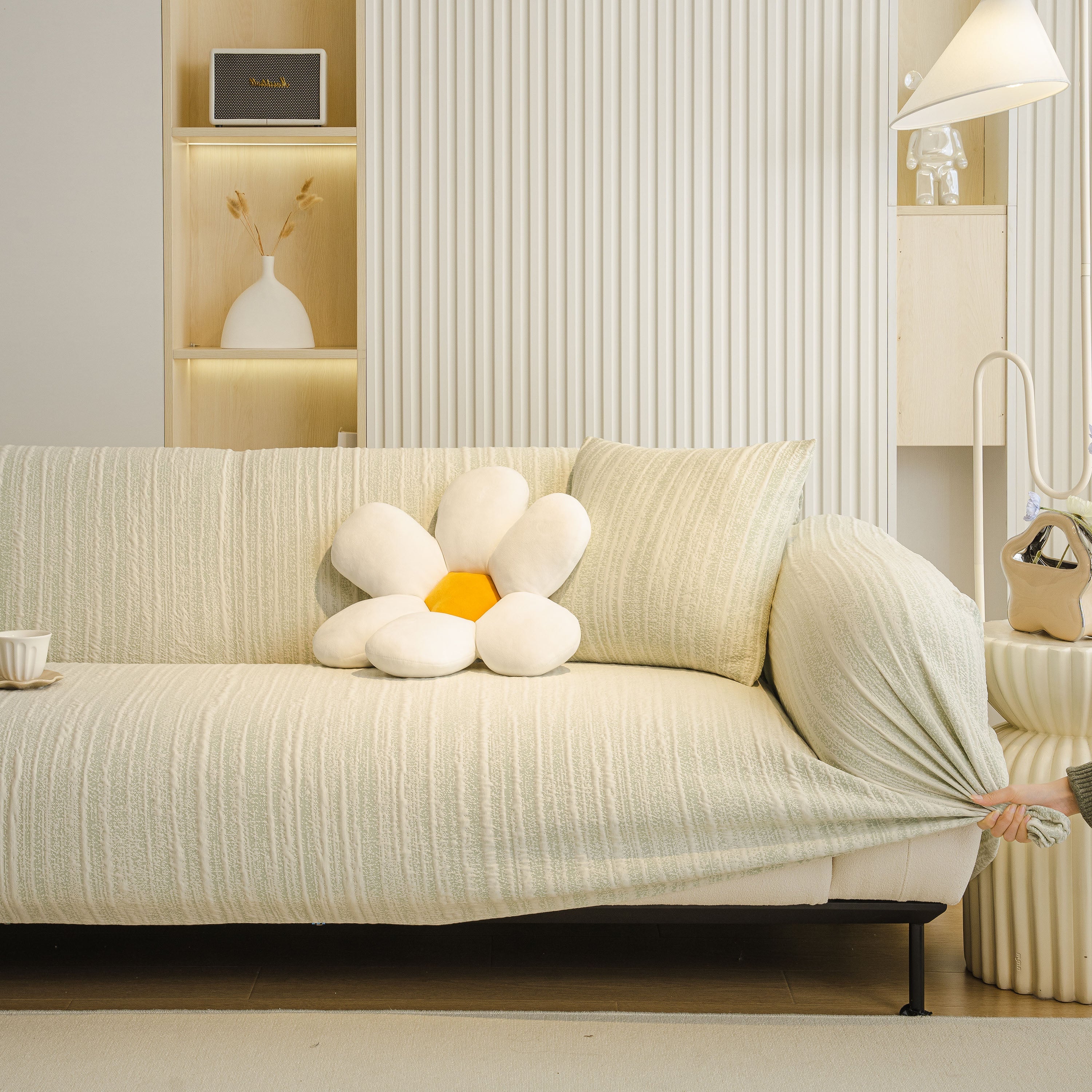 Ribbed Washable Sofa Cover, High Stretch Striped Couch Slipcover With Tie Straps
