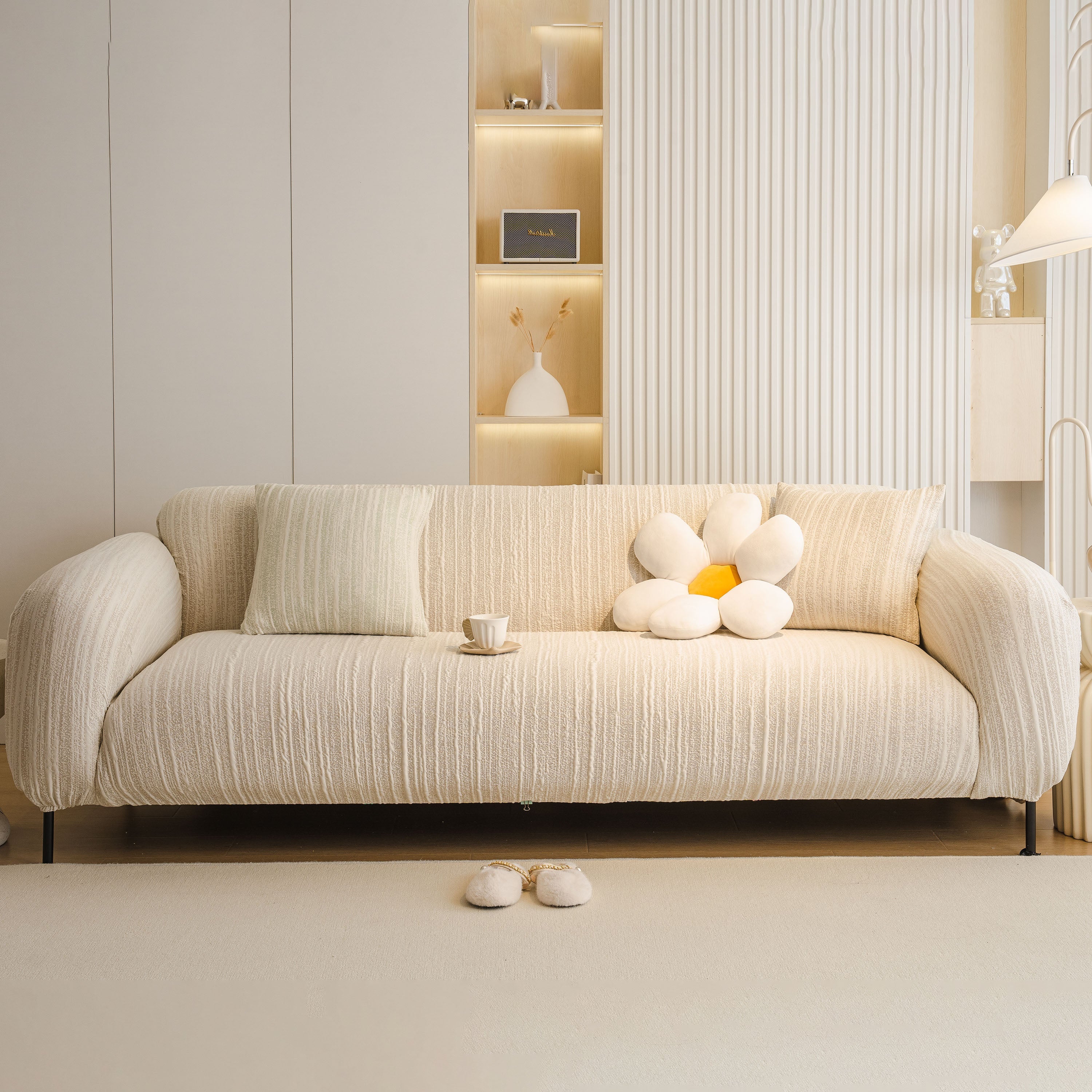 Ribbed Washable Sofa Cover, High Stretch Striped Couch Slipcover With Tie Straps