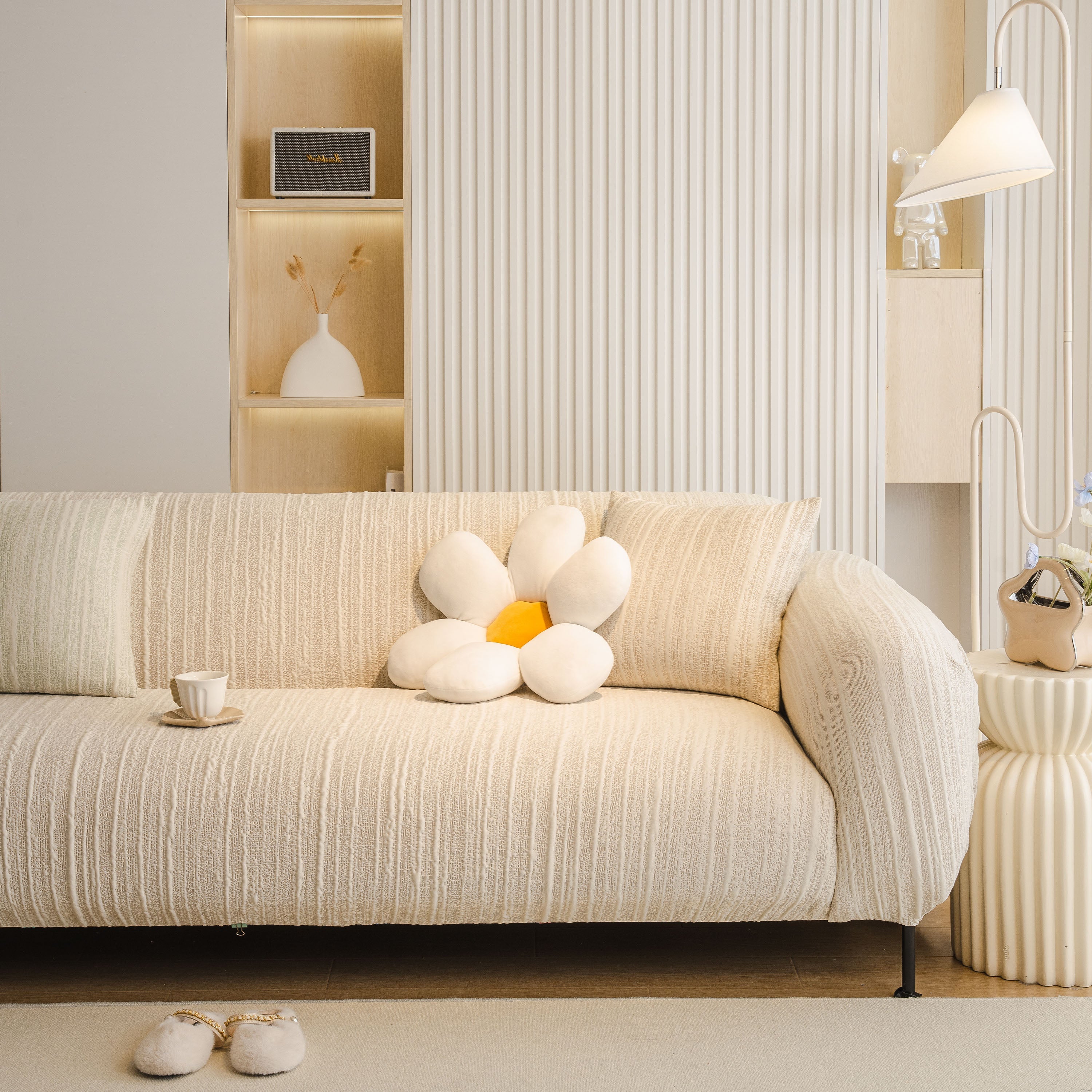 Ribbed Washable Sofa Cover, High Stretch Striped Couch Slipcover With Tie Straps