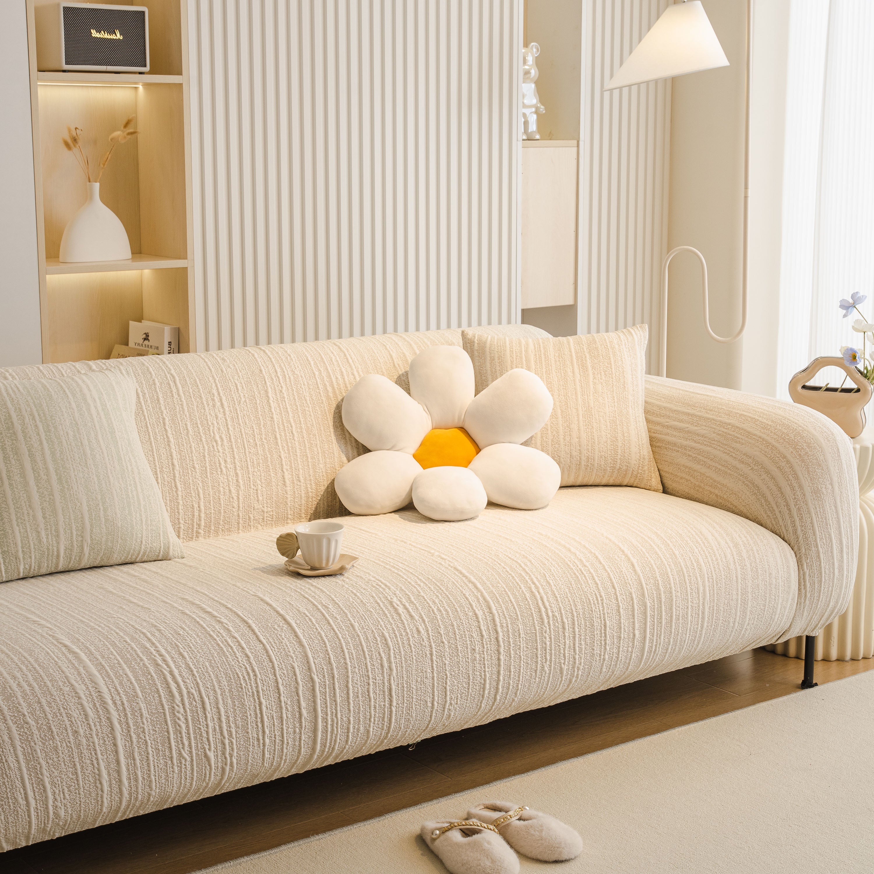 Ribbed Washable Sofa Cover, High Stretch Striped Couch Slipcover With Tie Straps