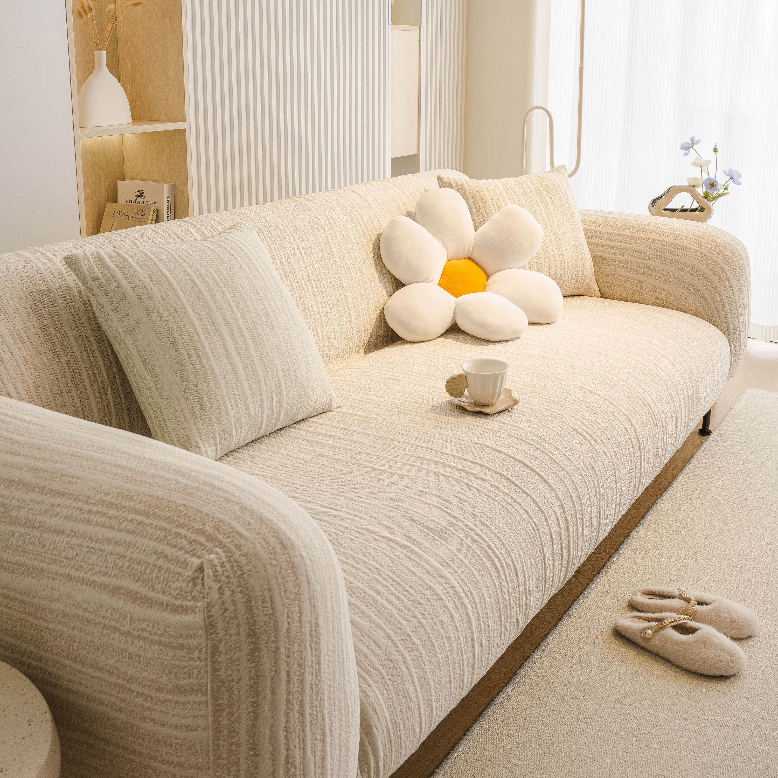 Ribbed Washable Sofa Cover, High Stretch Striped Couch Slipcover With Tie Straps