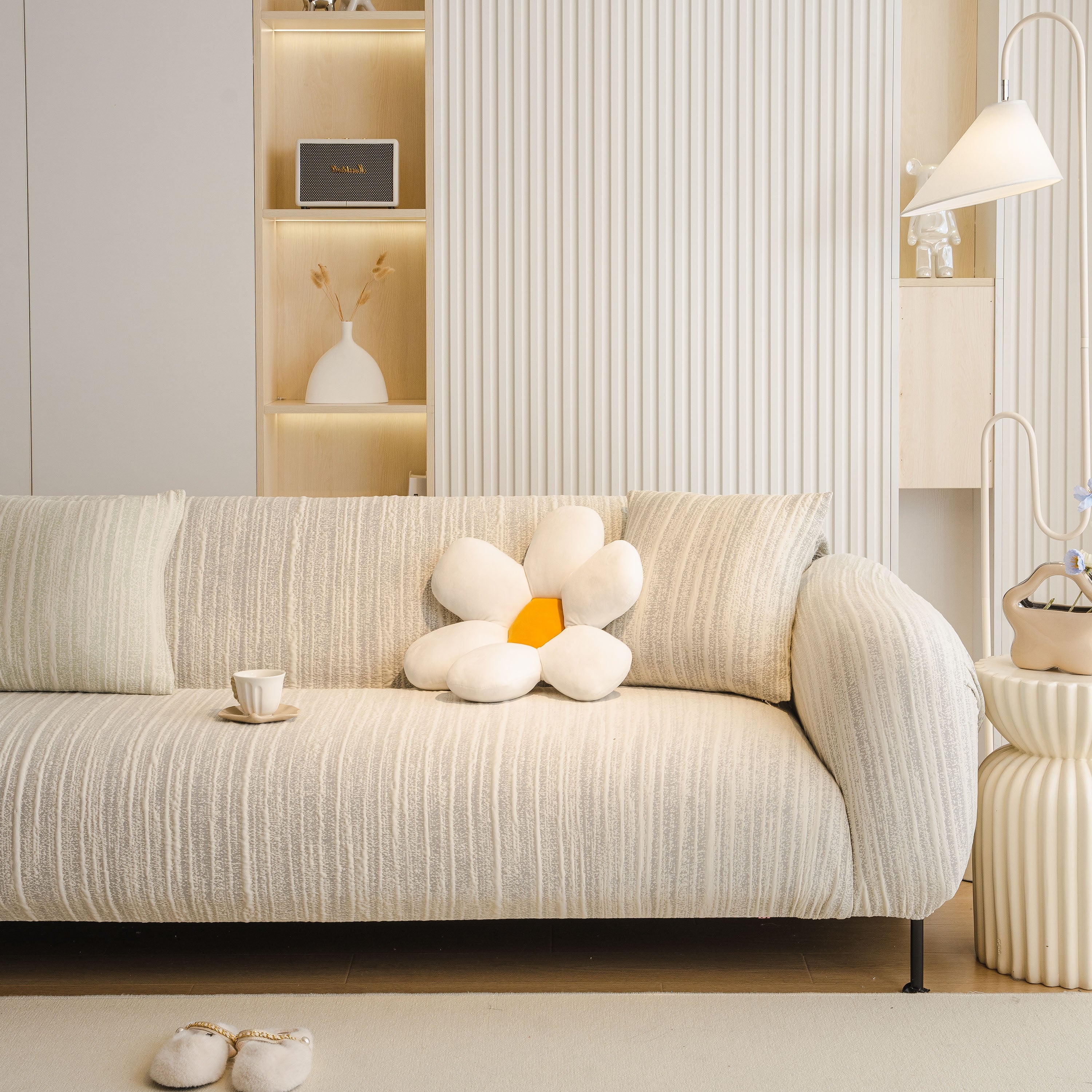 Ribbed Washable Sofa Cover, High Stretch Striped Couch Slipcover With Tie Straps