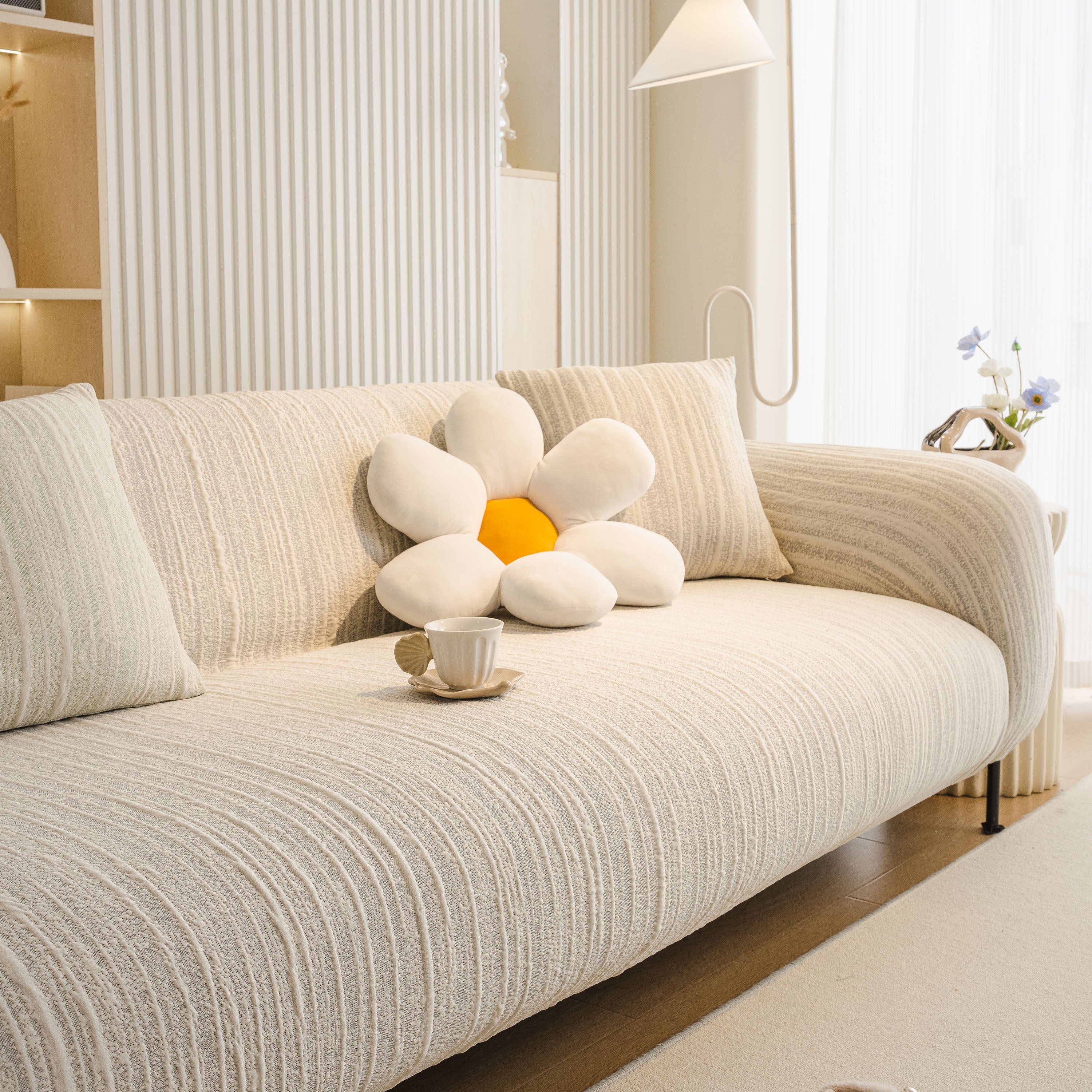 Ribbed Washable Sofa Cover, High Stretch Striped Couch Slipcover With Tie Straps