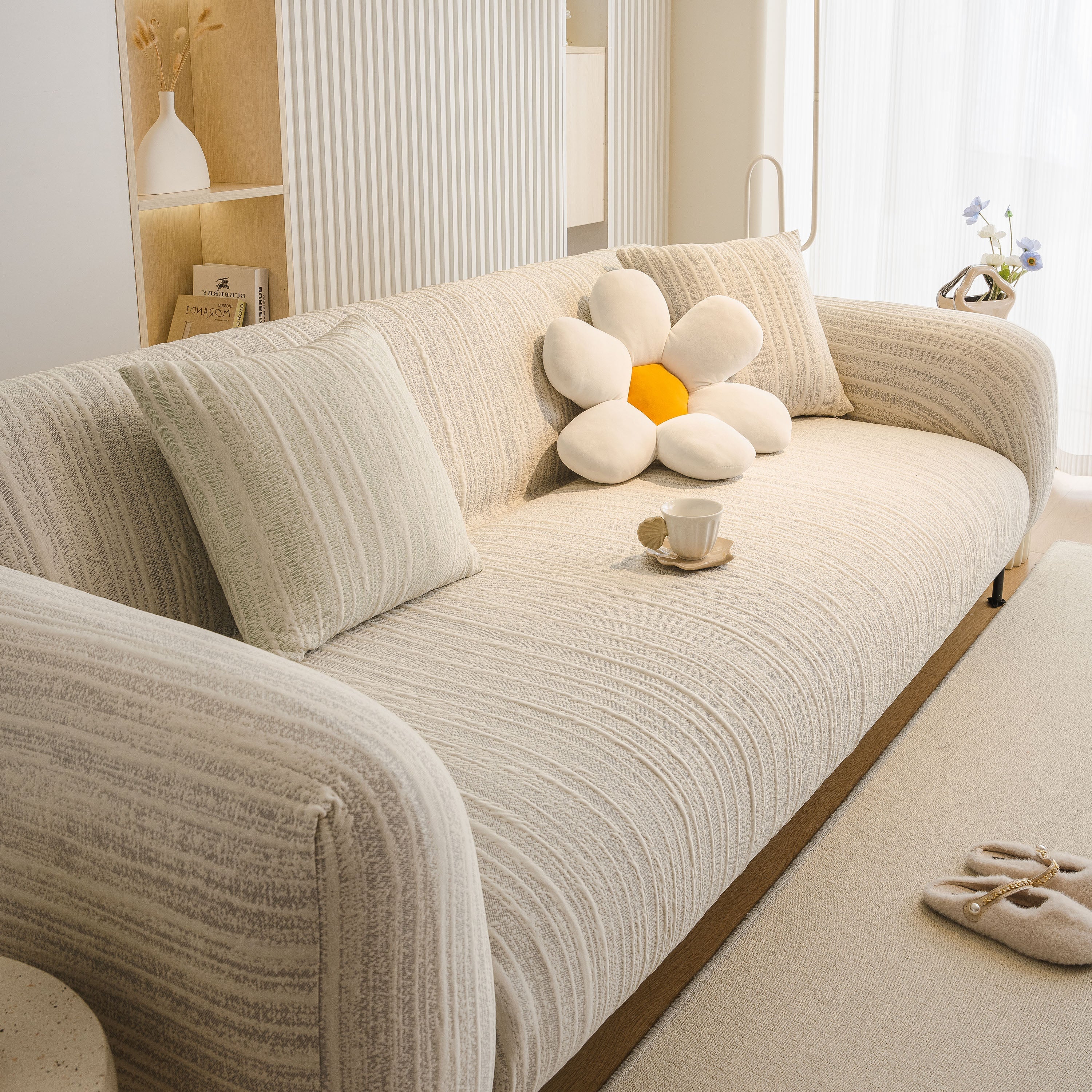 Ribbed Washable Sofa Cover, High Stretch Striped Couch Slipcover With Tie Straps