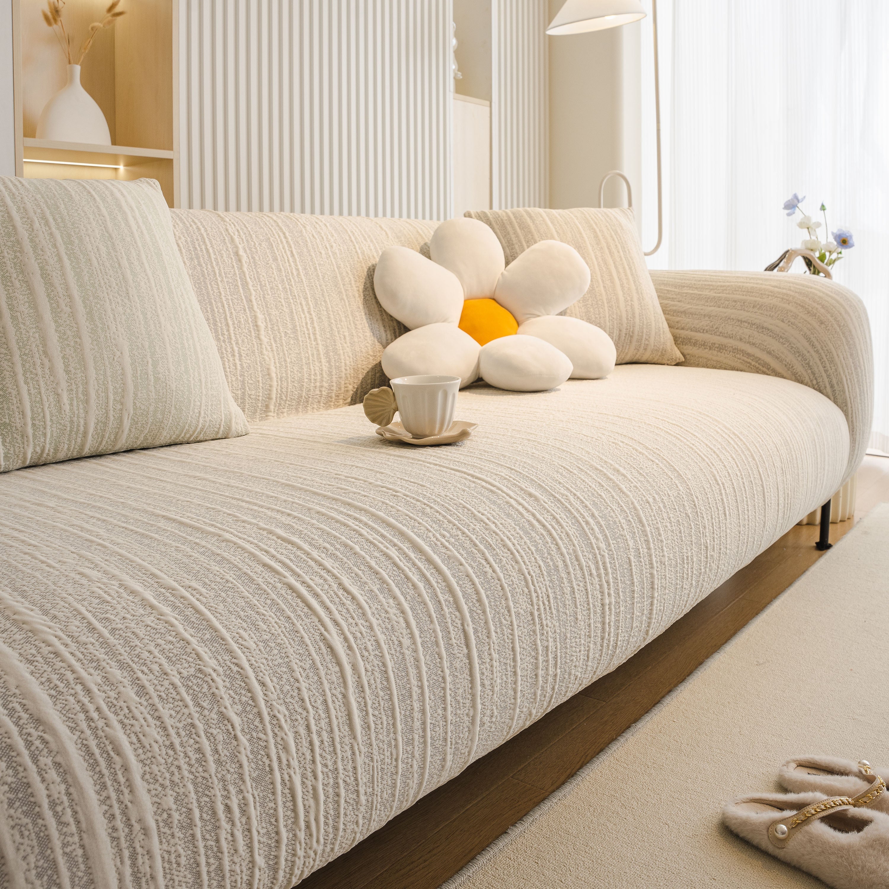 Ribbed Washable Sofa Cover, High Stretch Striped Couch Slipcover With Tie Straps
