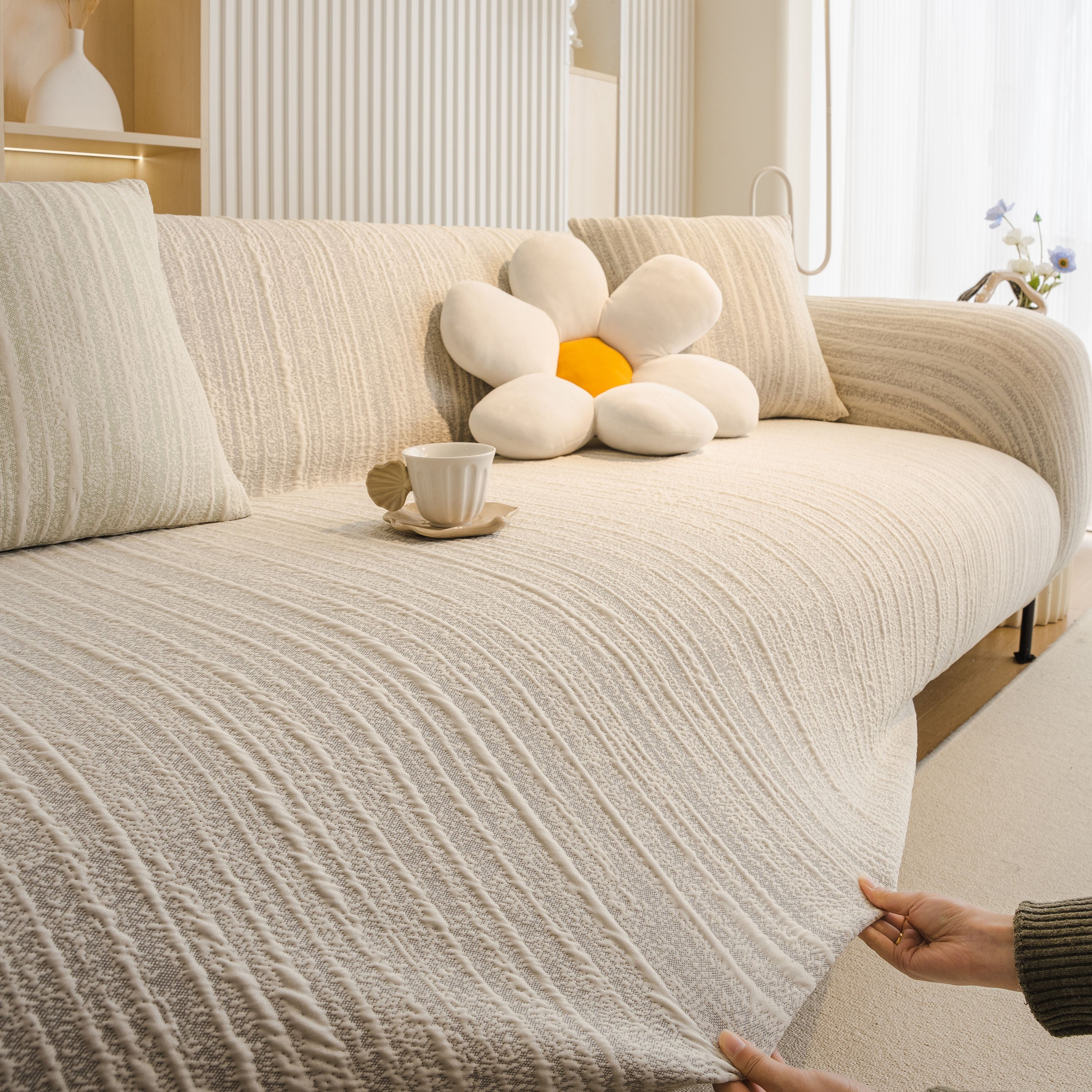 Ribbed Washable Sofa Cover, High Stretch Striped Couch Slipcover With Tie Straps