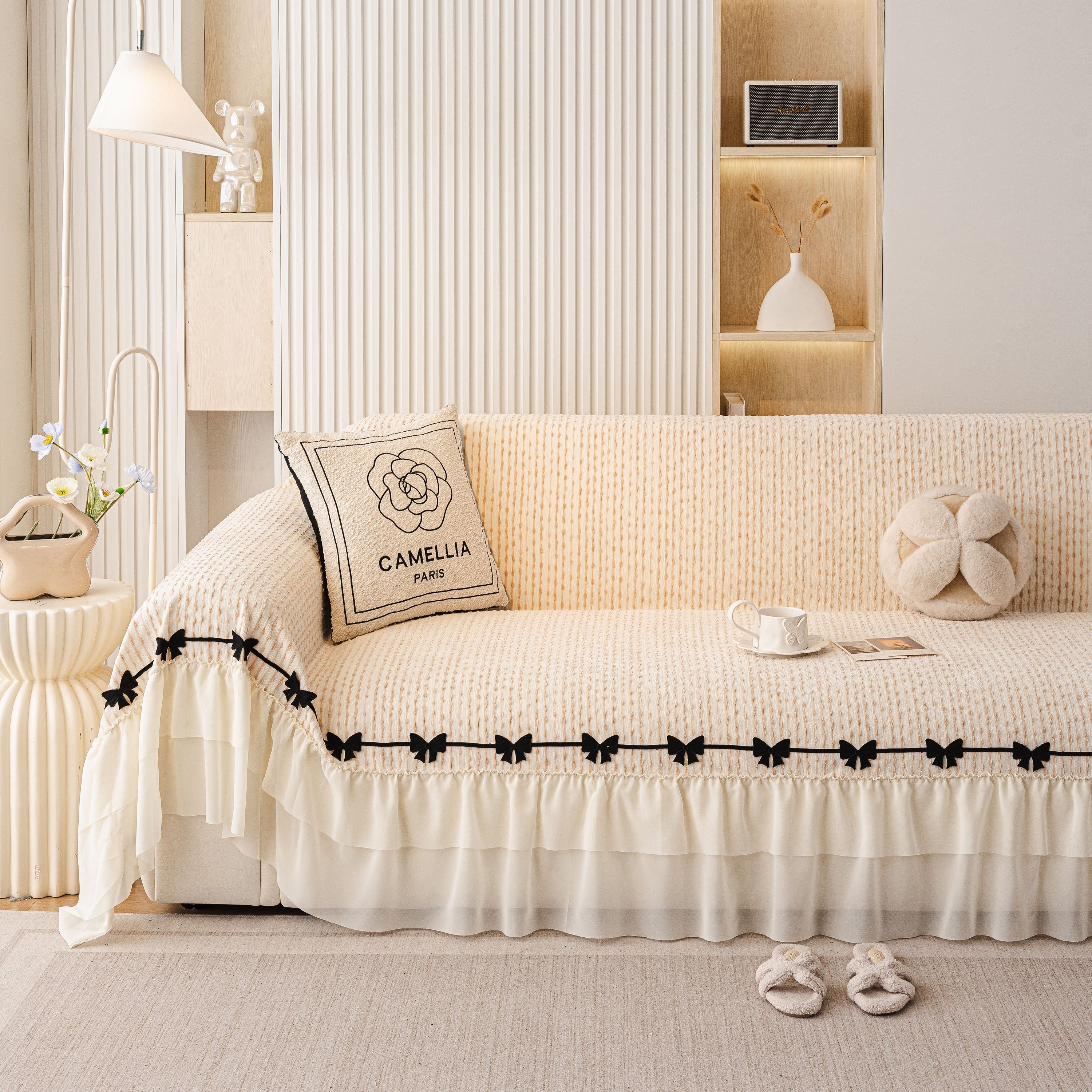 Ruffled Sofa Cover With Bowknot Decor, French Country Style Skirted Couch Slipcover