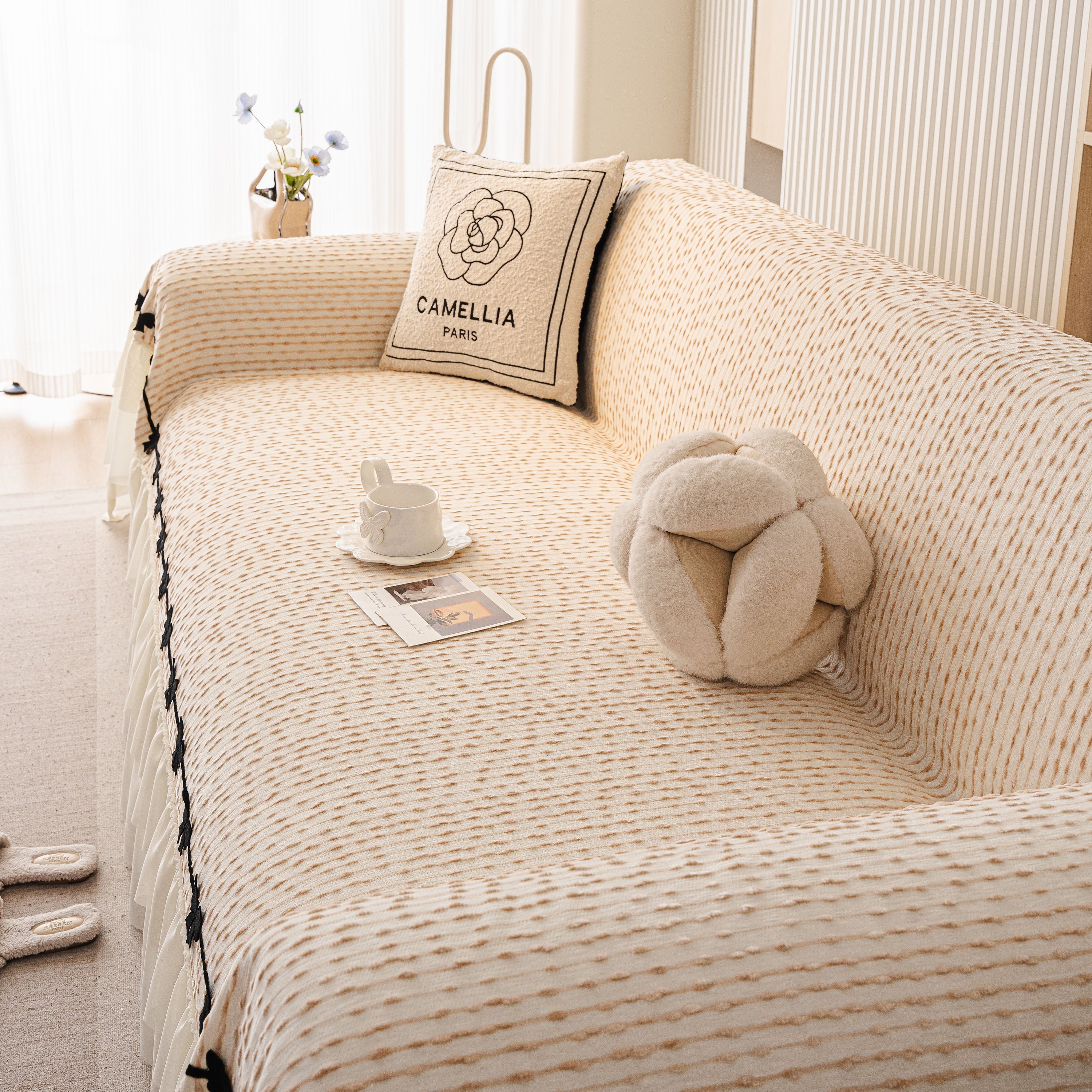 Ruffled Sofa Cover With Bowknot Decor, French Country Style Skirted Couch Slipcover