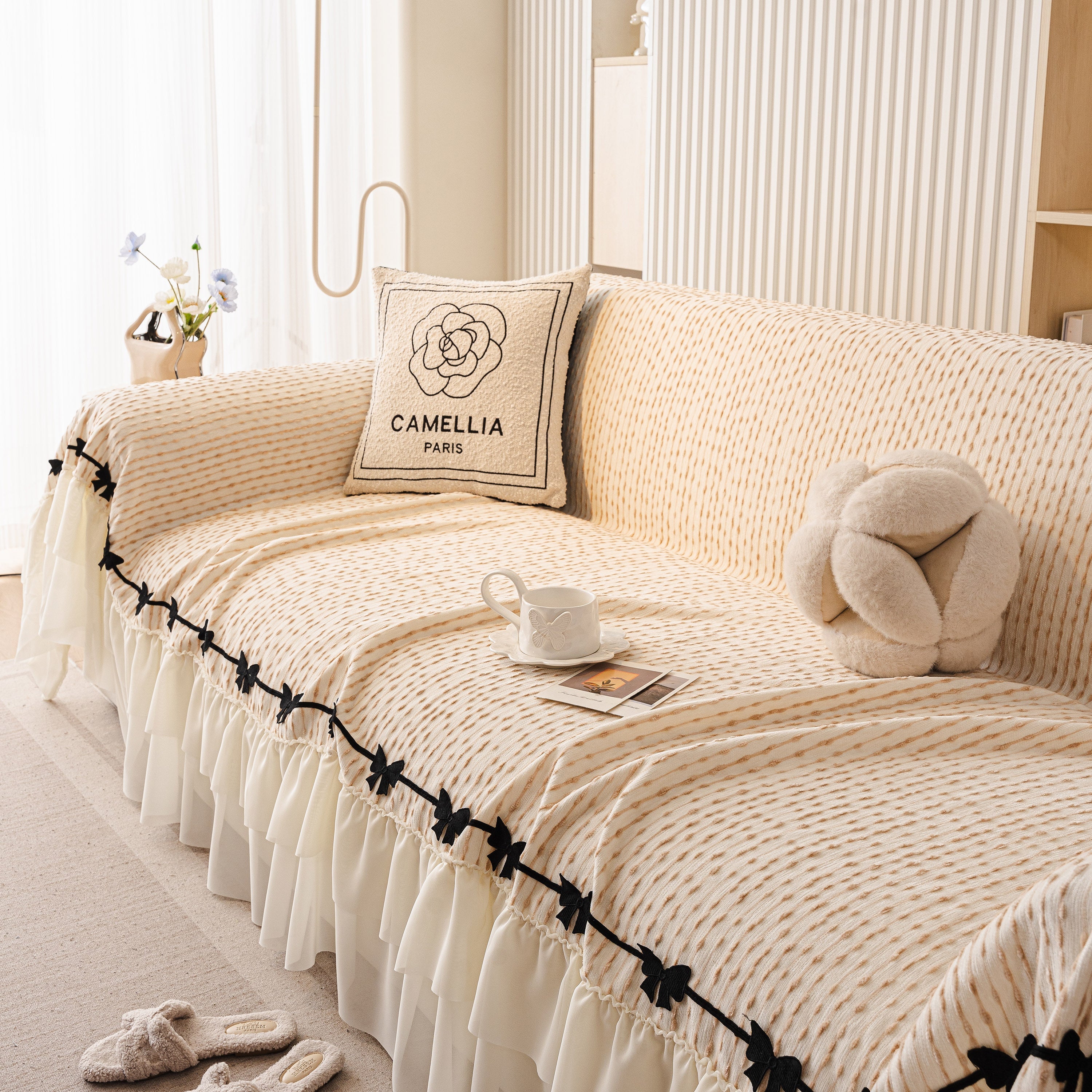 Ruffled Sofa Cover With Bowknot Decor, French Country Style Skirted Couch Slipcover