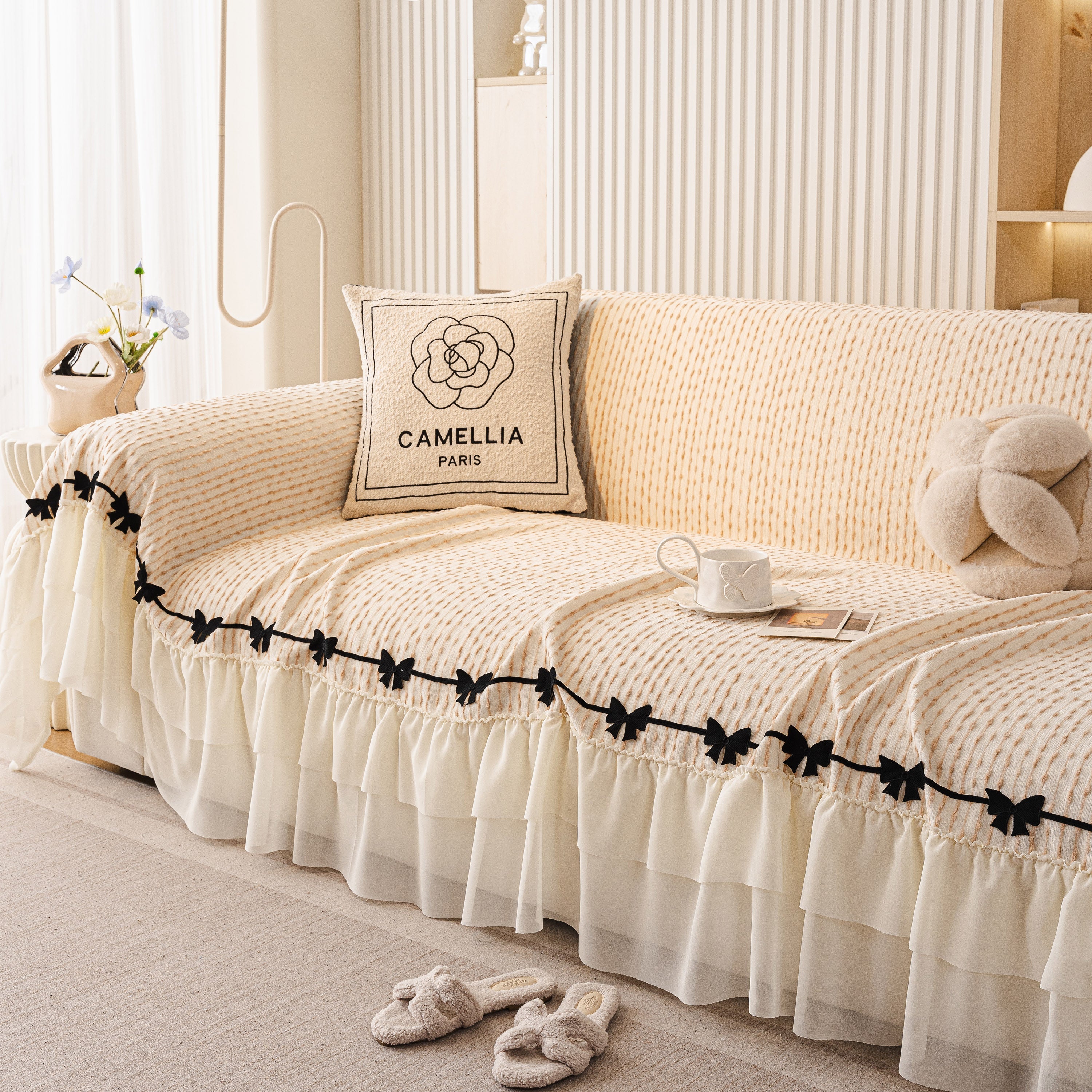 Ruffled Sofa Cover With Bowknot Decor, French Country Style Skirted Couch Slipcover
