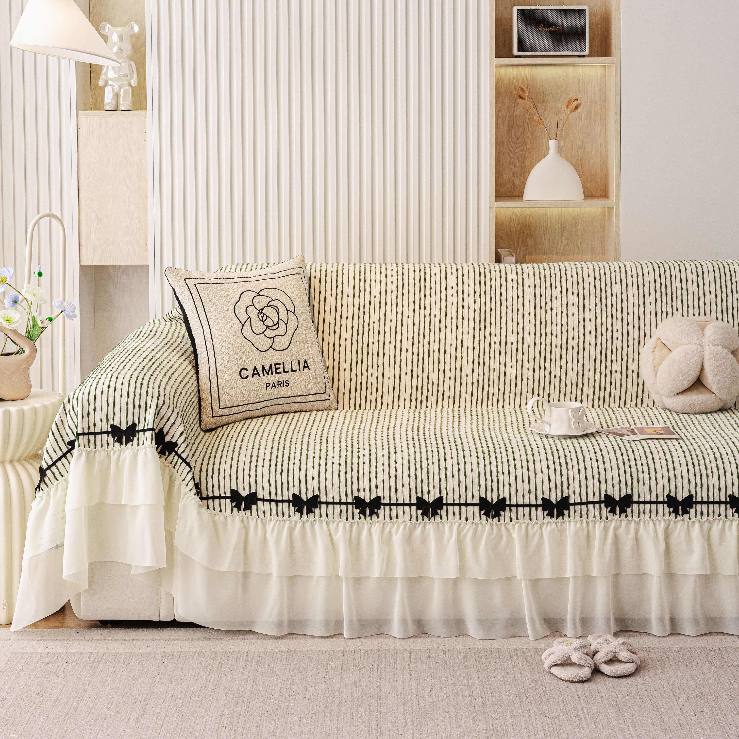 Ruffled Sofa Cover With Bowknot Decor, French Country Style Skirted Couch Slipcover