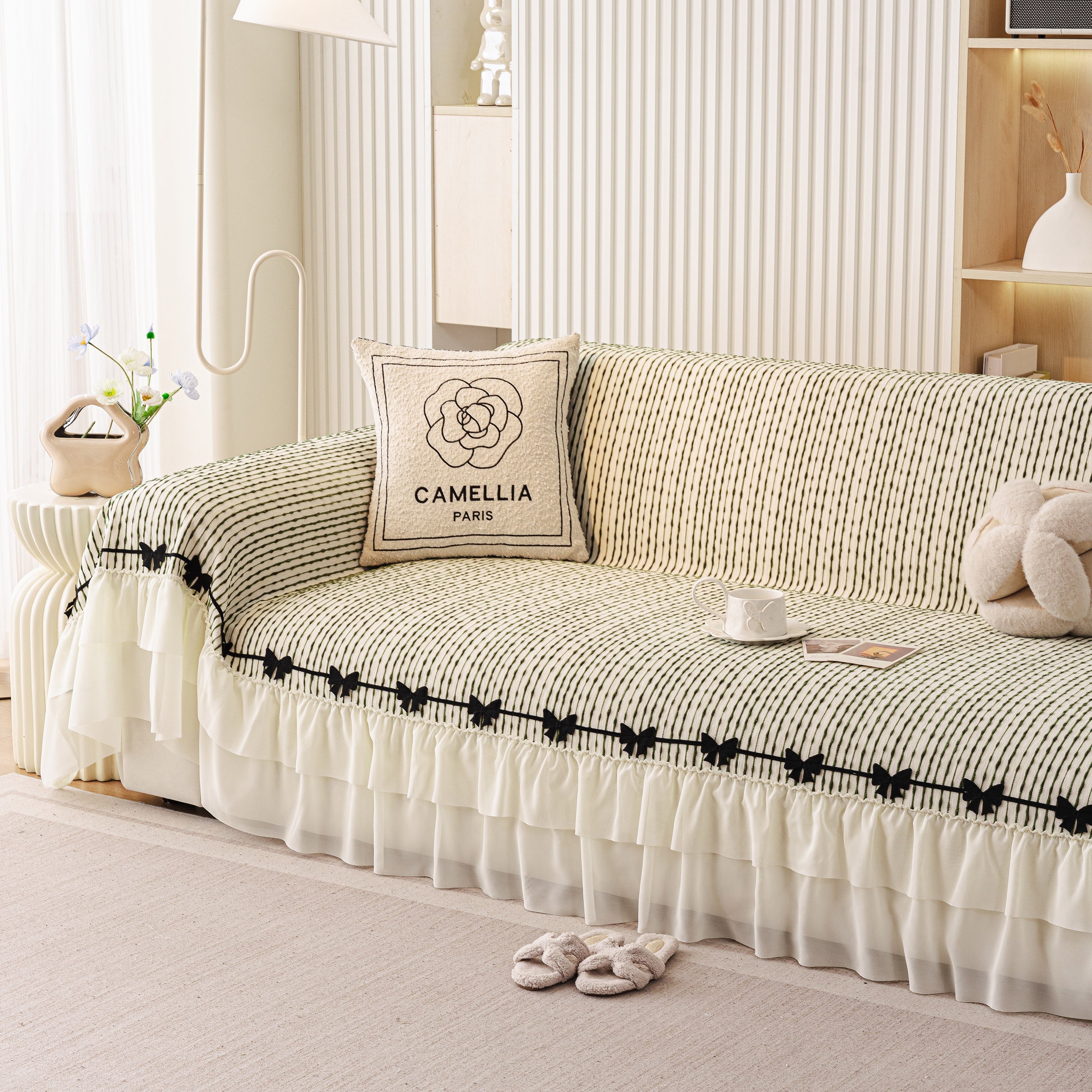 Ruffled Sofa Cover With Bowknot Decor, French Country Style Skirted Couch Slipcover